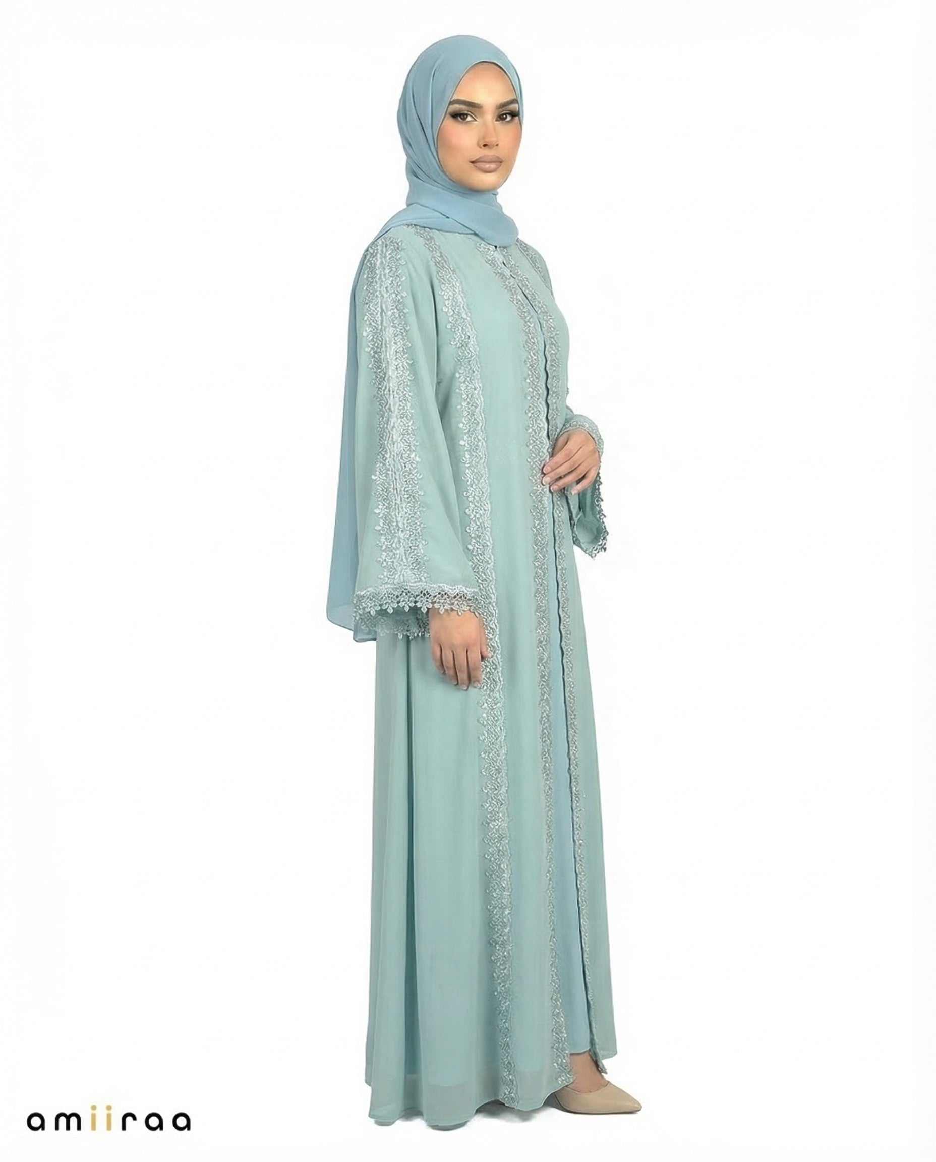 Malachite Green Elegant Lace Panel Detailed Full-Length Abaya