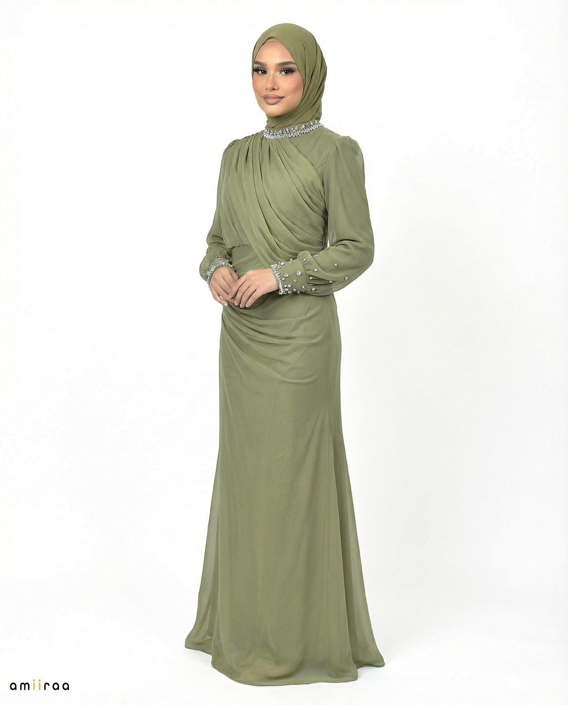 Leaf Green Draped Chiffon Maxi Dress with Beaded Embellished Neckline & Cuffs