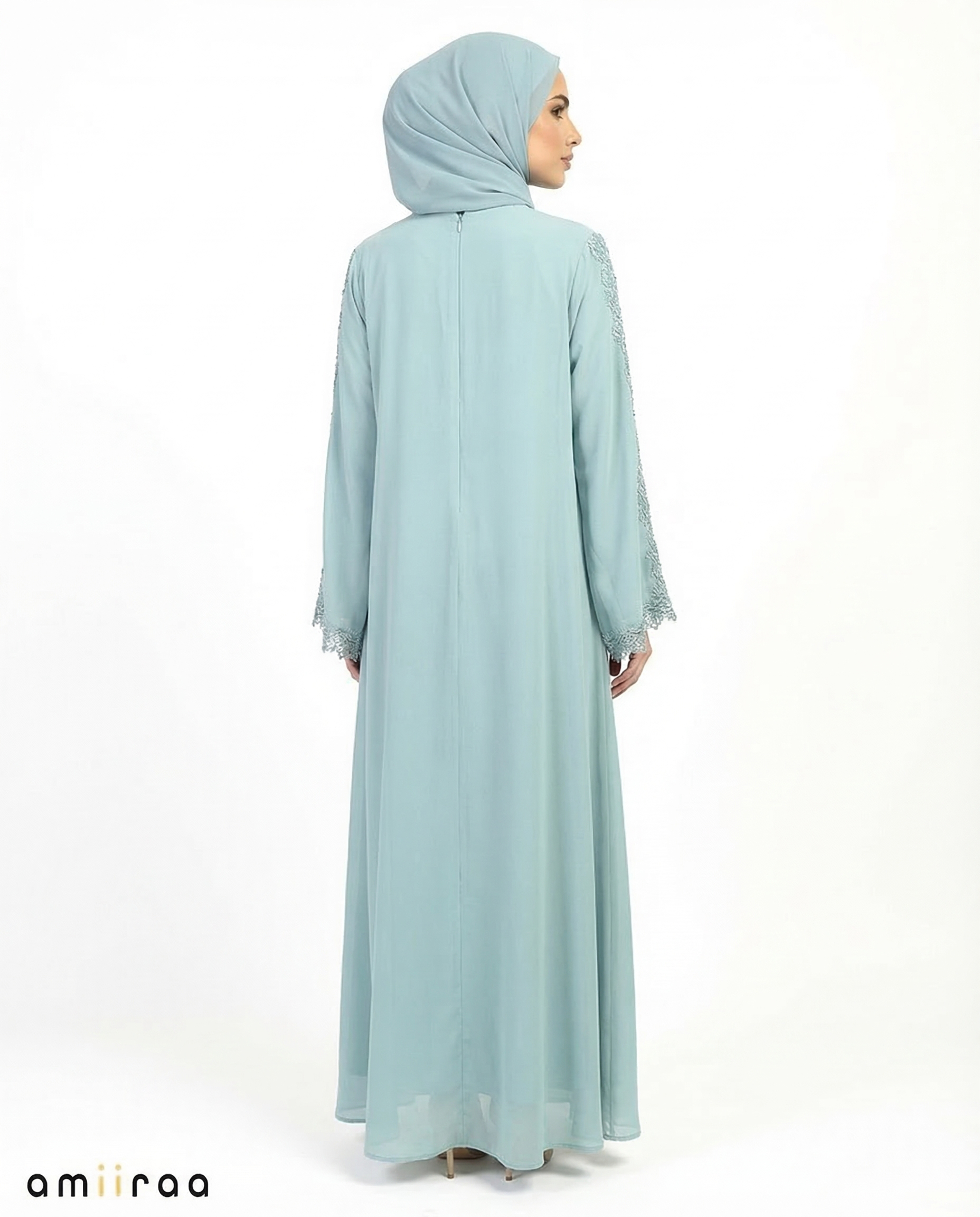 Malachite Green Elegant Lace Panel Detailed Full-Length Abaya