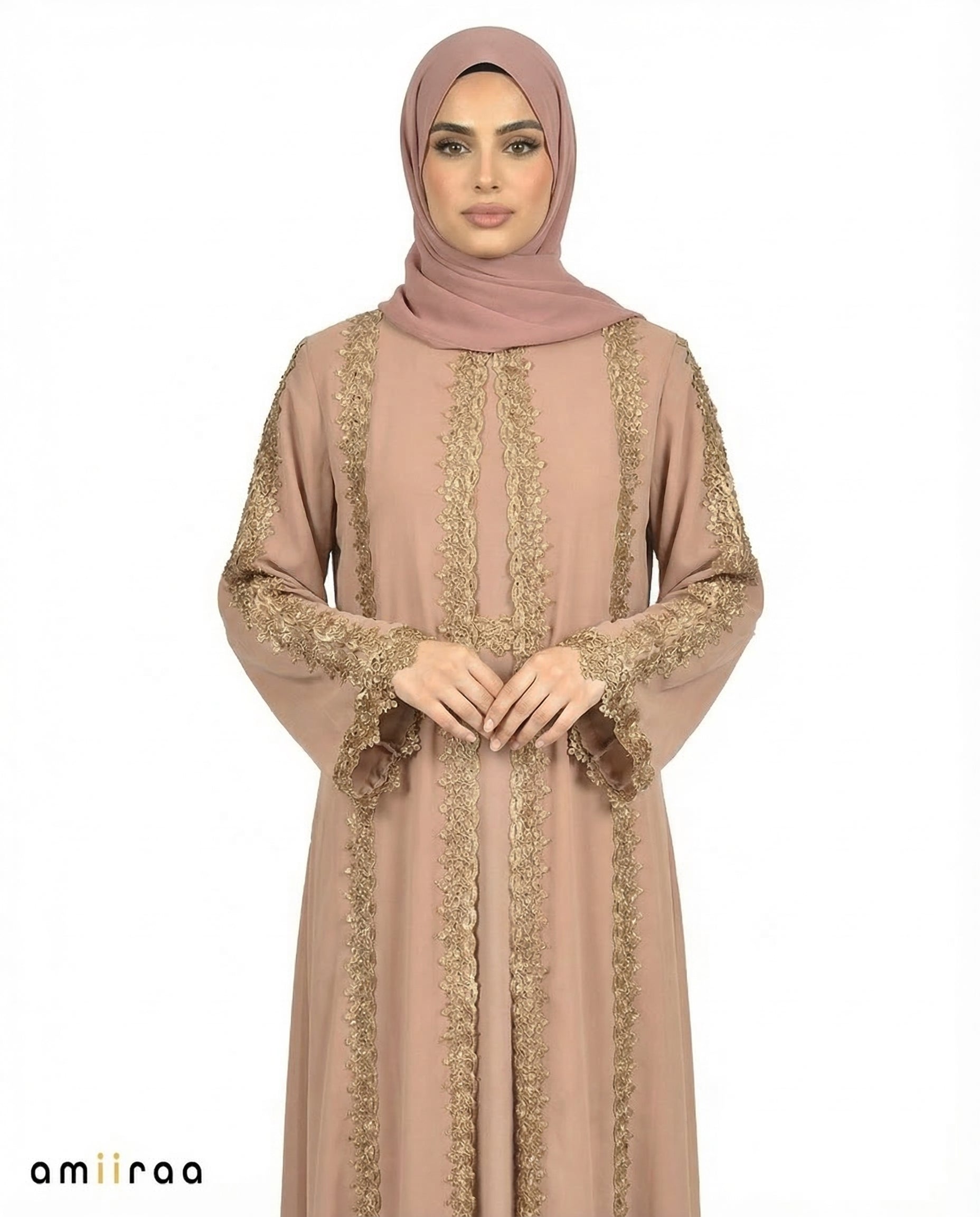 Silver Sage Elegant Lace Panel Detailed Full-Length Abaya