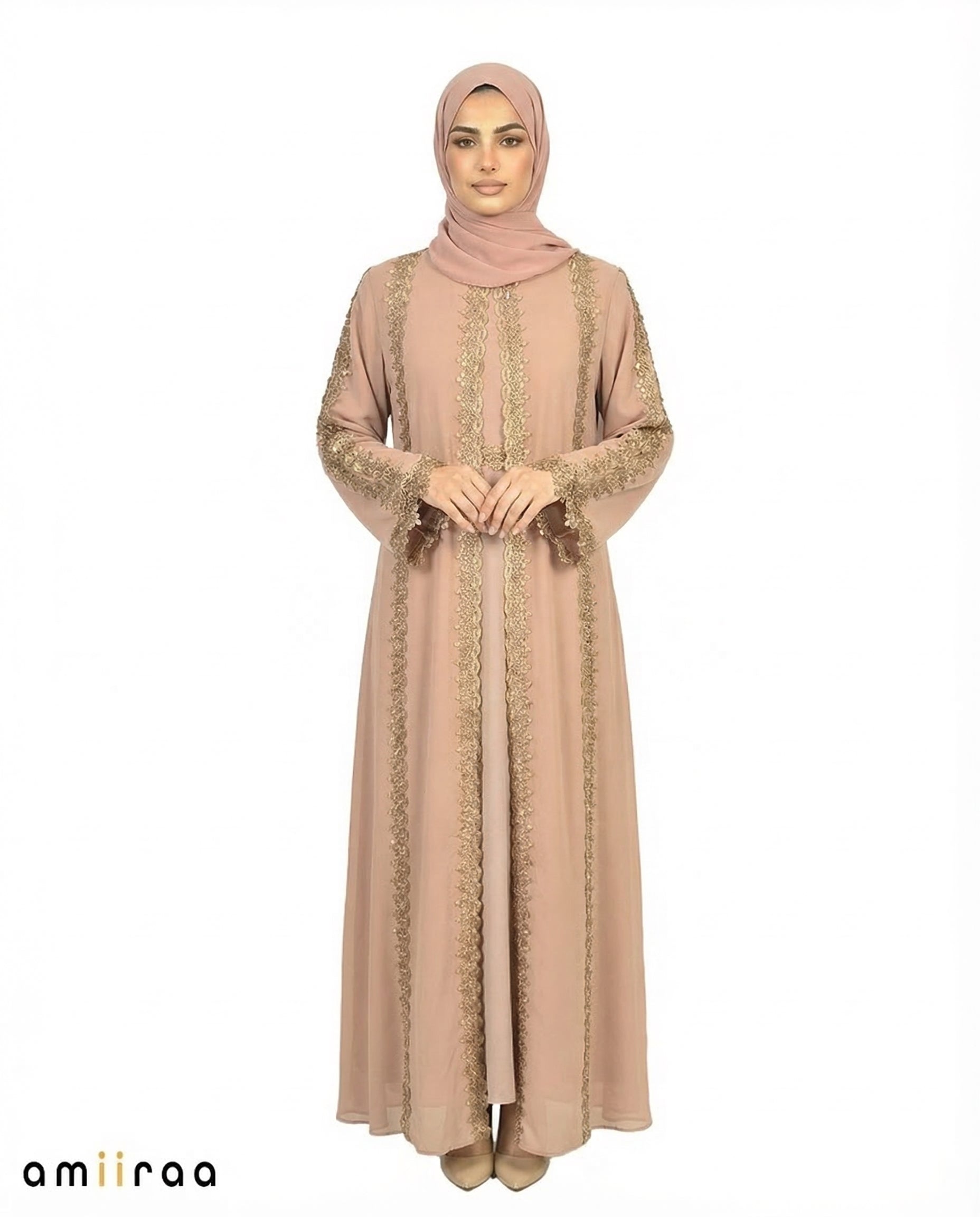 Silver Sage Elegant Lace Panel Detailed Full-Length Abaya