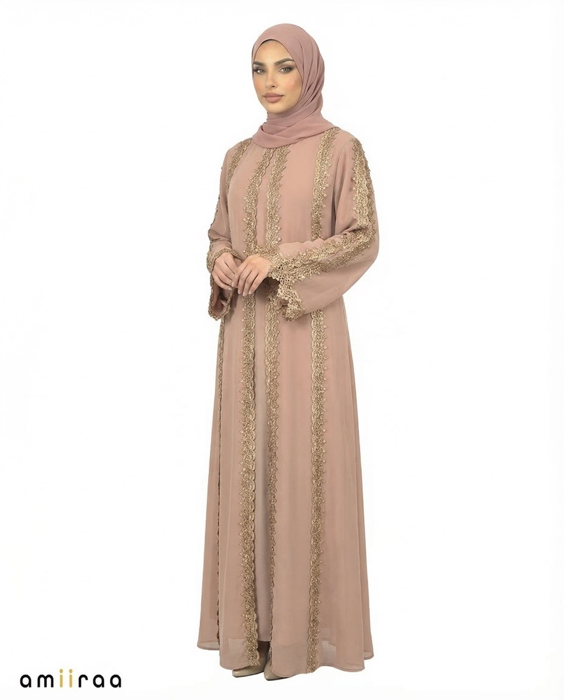 Silver Sage Elegant Lace Panel Detailed Full-Length Abaya