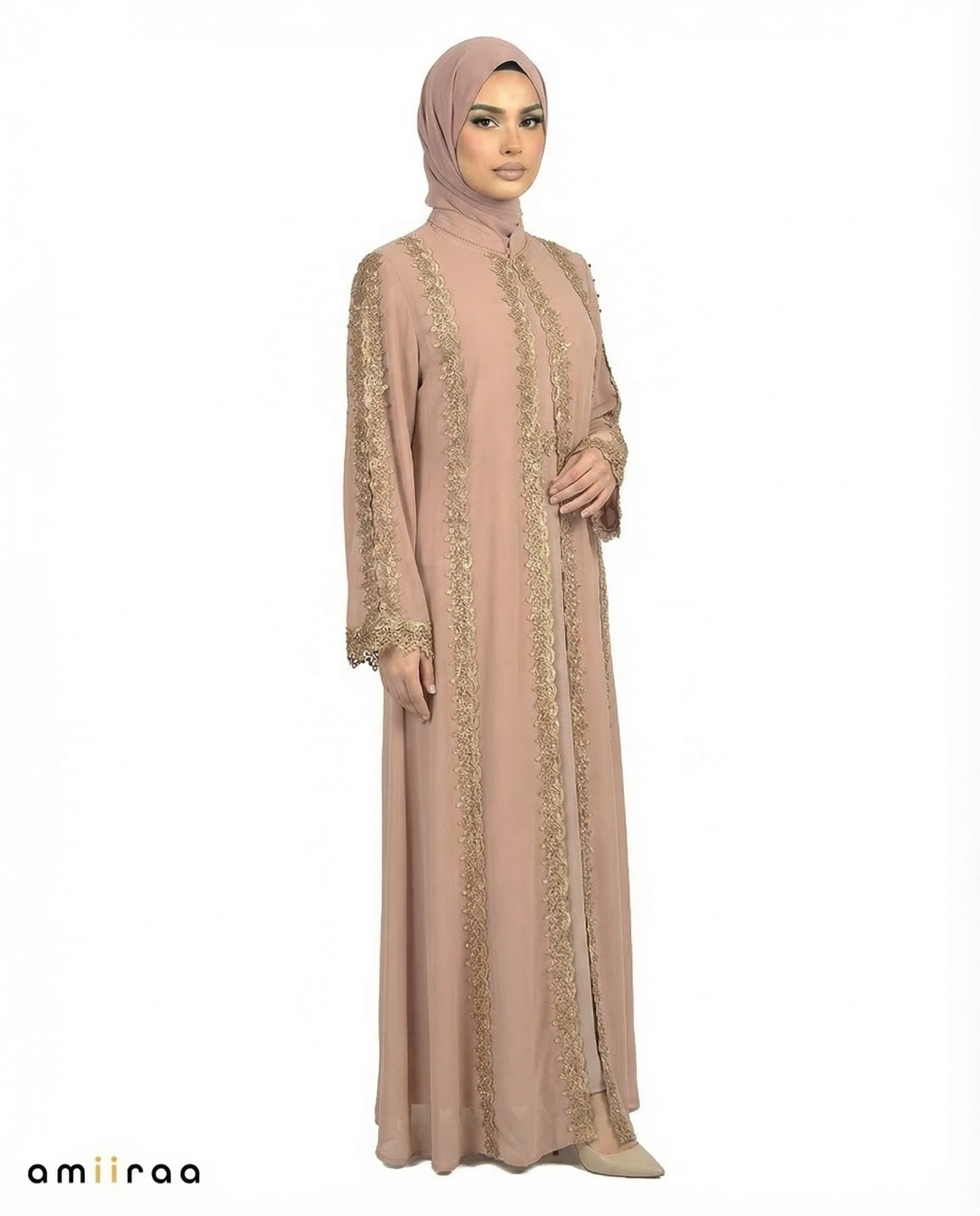 Silver Sage Elegant Lace Panel Detailed Full-Length Abaya
