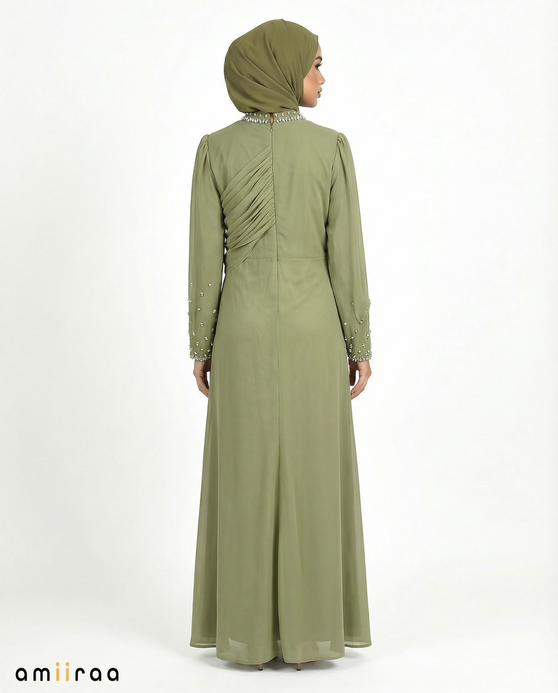 Leaf Green Draped Chiffon Maxi Dress with Beaded Embellished Neckline & Cuffs