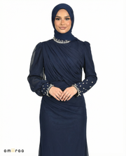 Black Iris Draped Chiffon Maxi Dress with Beaded Embellished Neckline & Cuffs