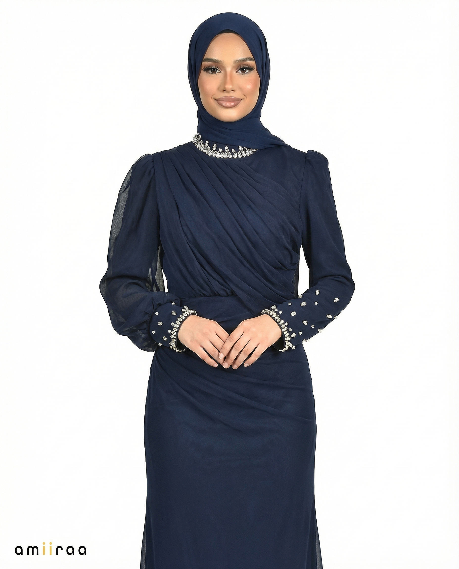 Black Iris Draped Chiffon Maxi Dress with Beaded Embellished Neckline & Cuffs