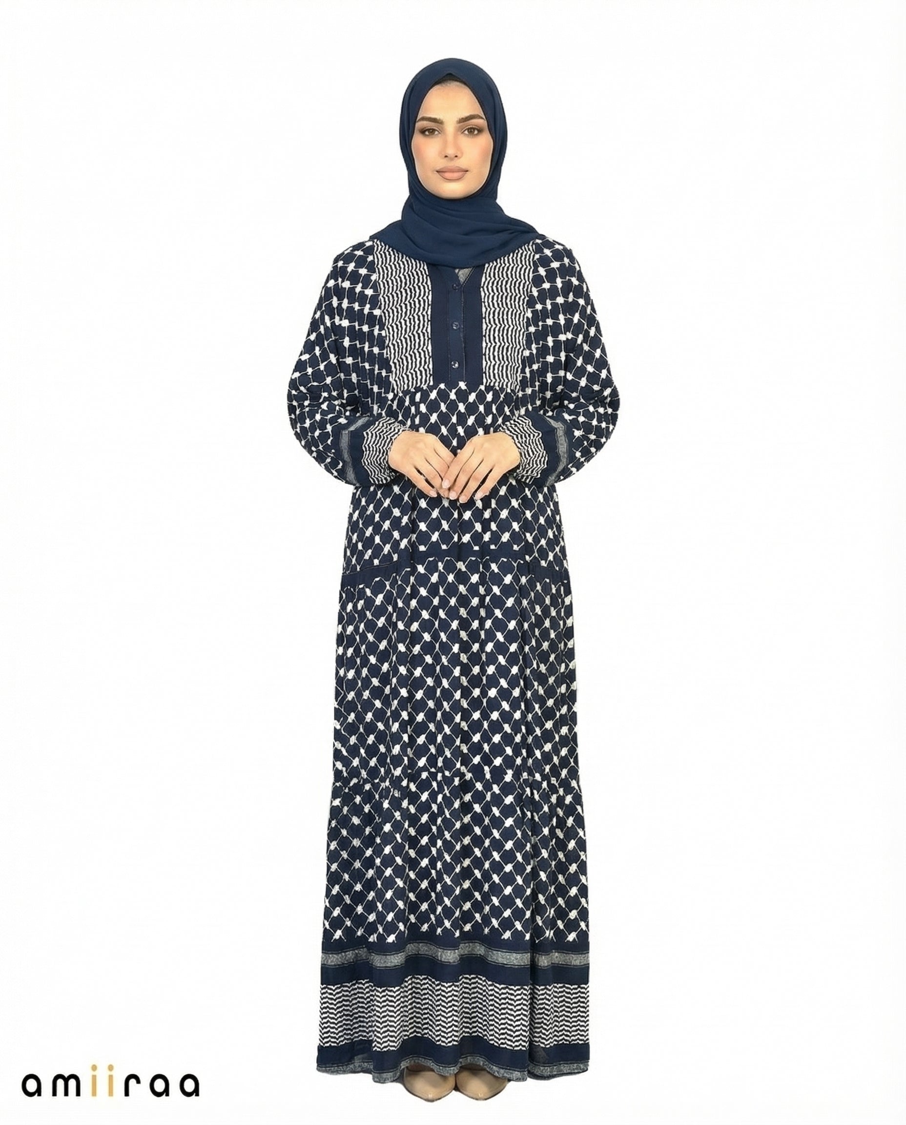 Pageant Blue Keffiyeh Print Modest Maxi Dress