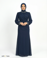 Black Iris Draped Chiffon Maxi Dress with Beaded Embellished Neckline & Cuffs