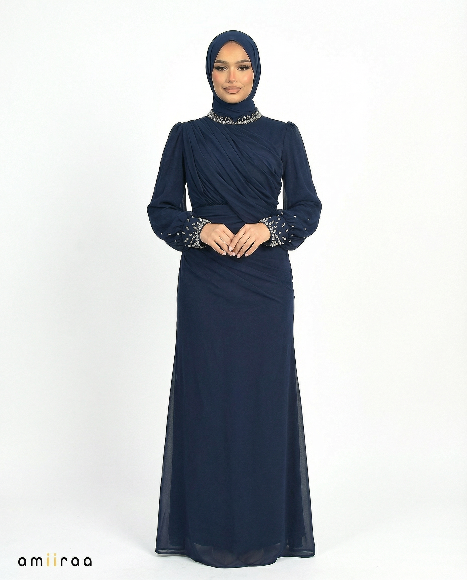 Black Iris Draped Chiffon Maxi Dress with Beaded Embellished Neckline & Cuffs