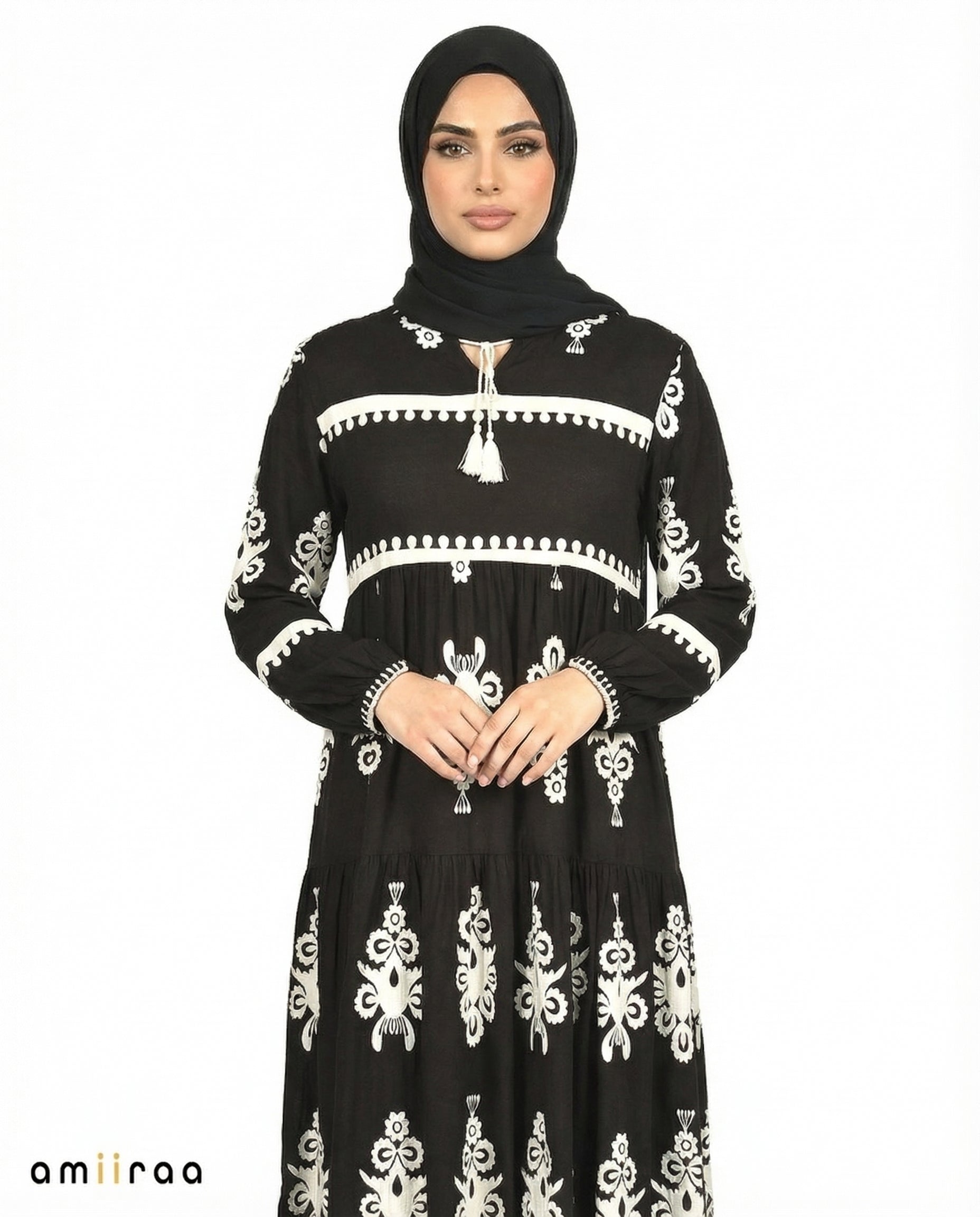 Licorice Detail Long Sleeve Modest Maxi Dress