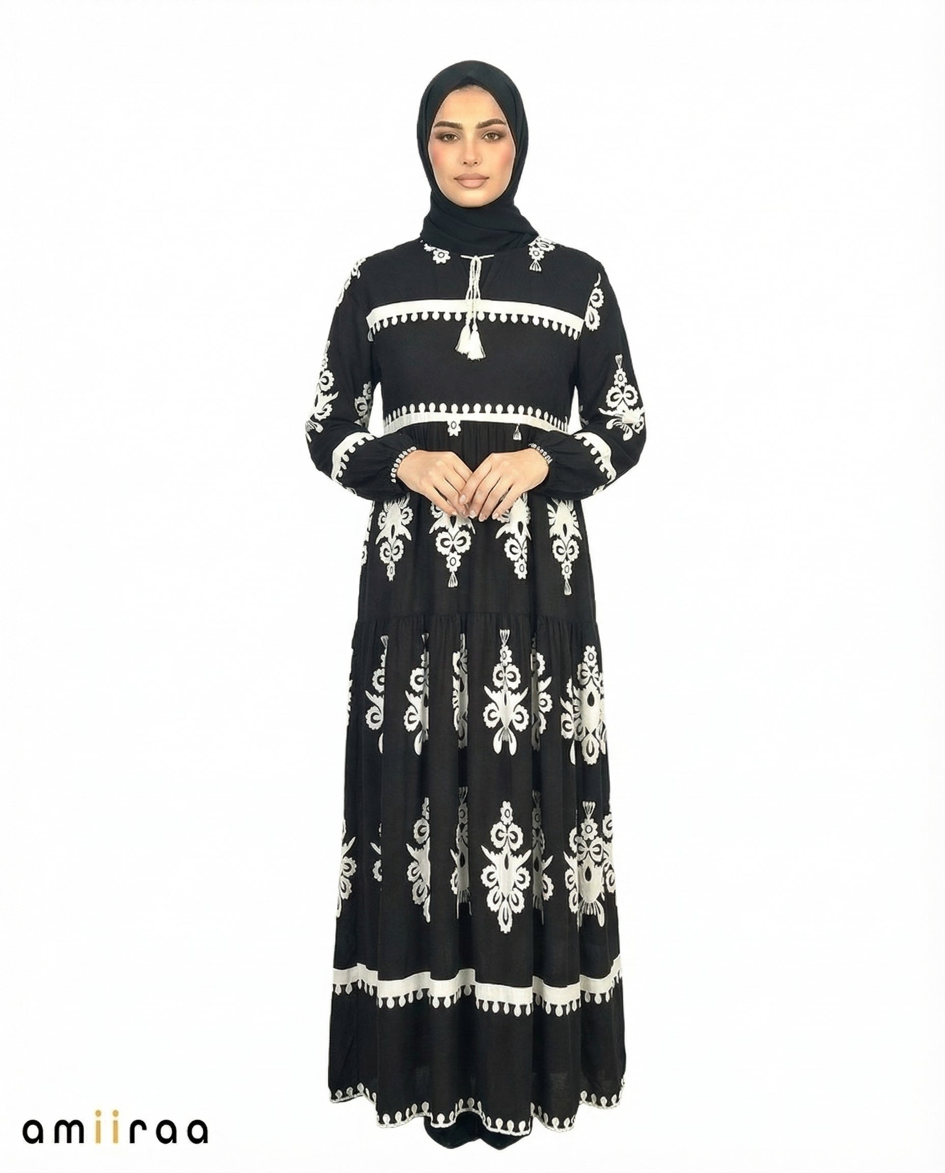 Licorice Detail Long Sleeve Modest Maxi Dress