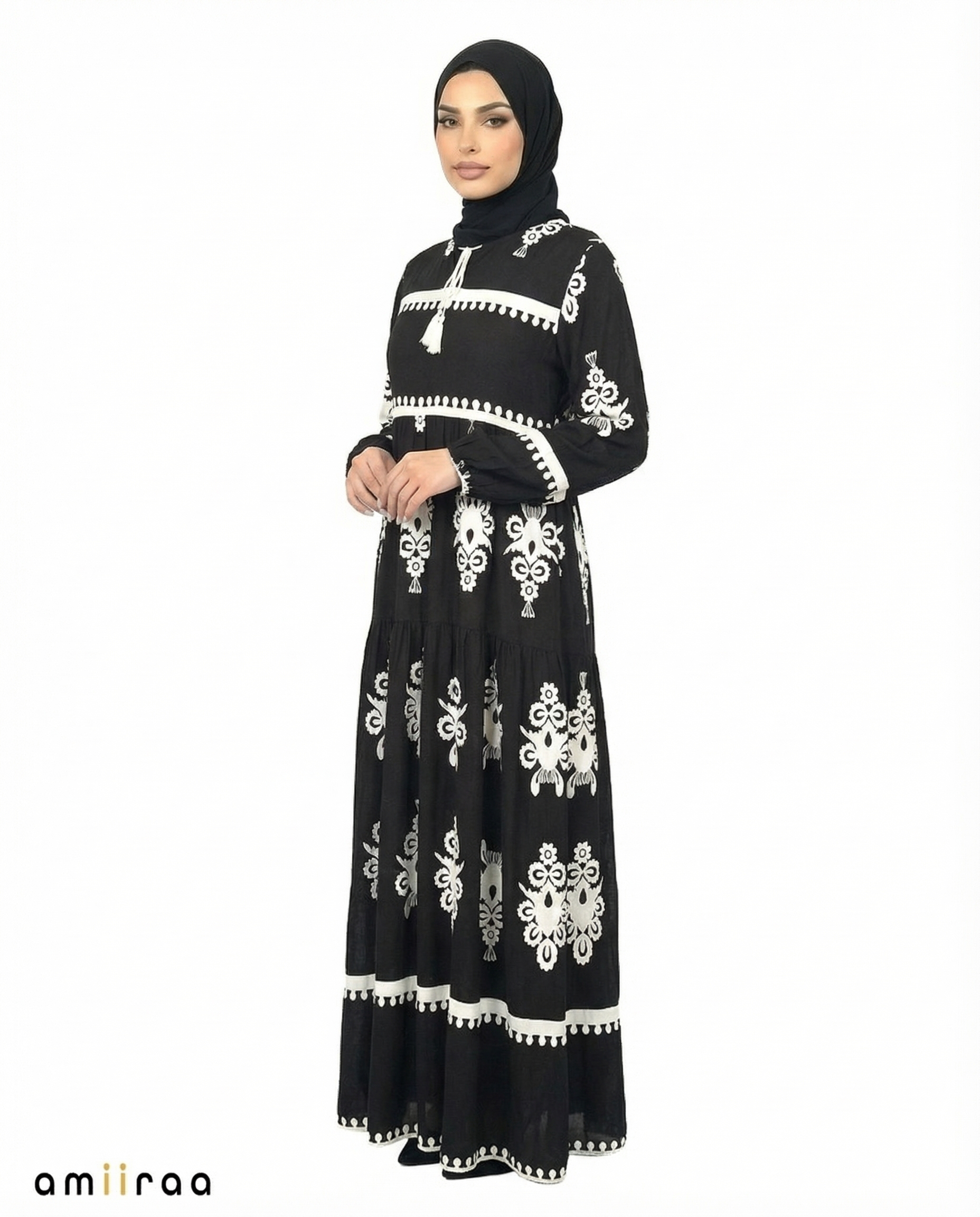 Licorice Detail Long Sleeve Modest Maxi Dress