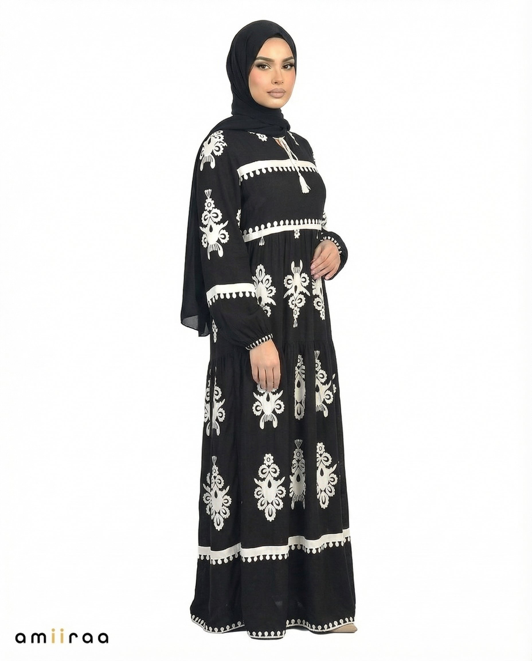 Licorice Detail Long Sleeve Modest Maxi Dress