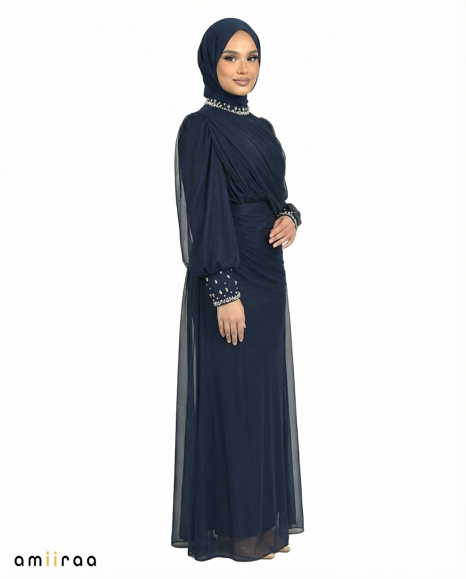 Black Iris Draped Chiffon Maxi Dress with Beaded Embellished Neckline & Cuffs