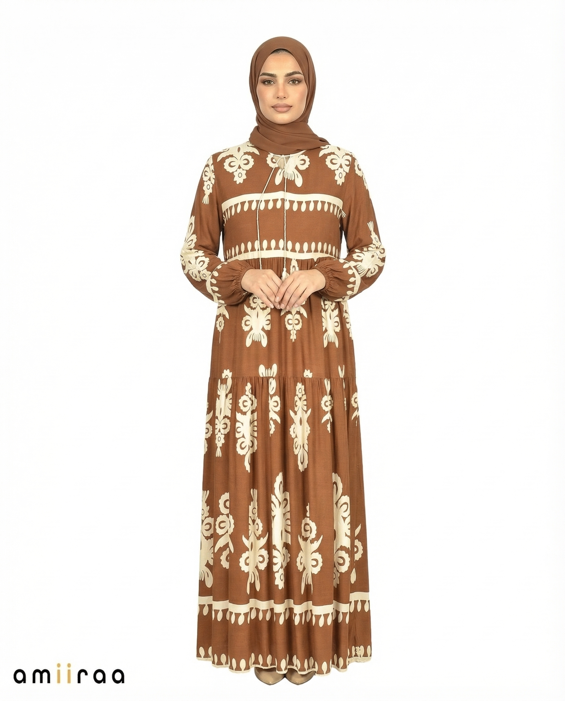 Chai Tea Detail Long Sleeve Modest Maxi Dress