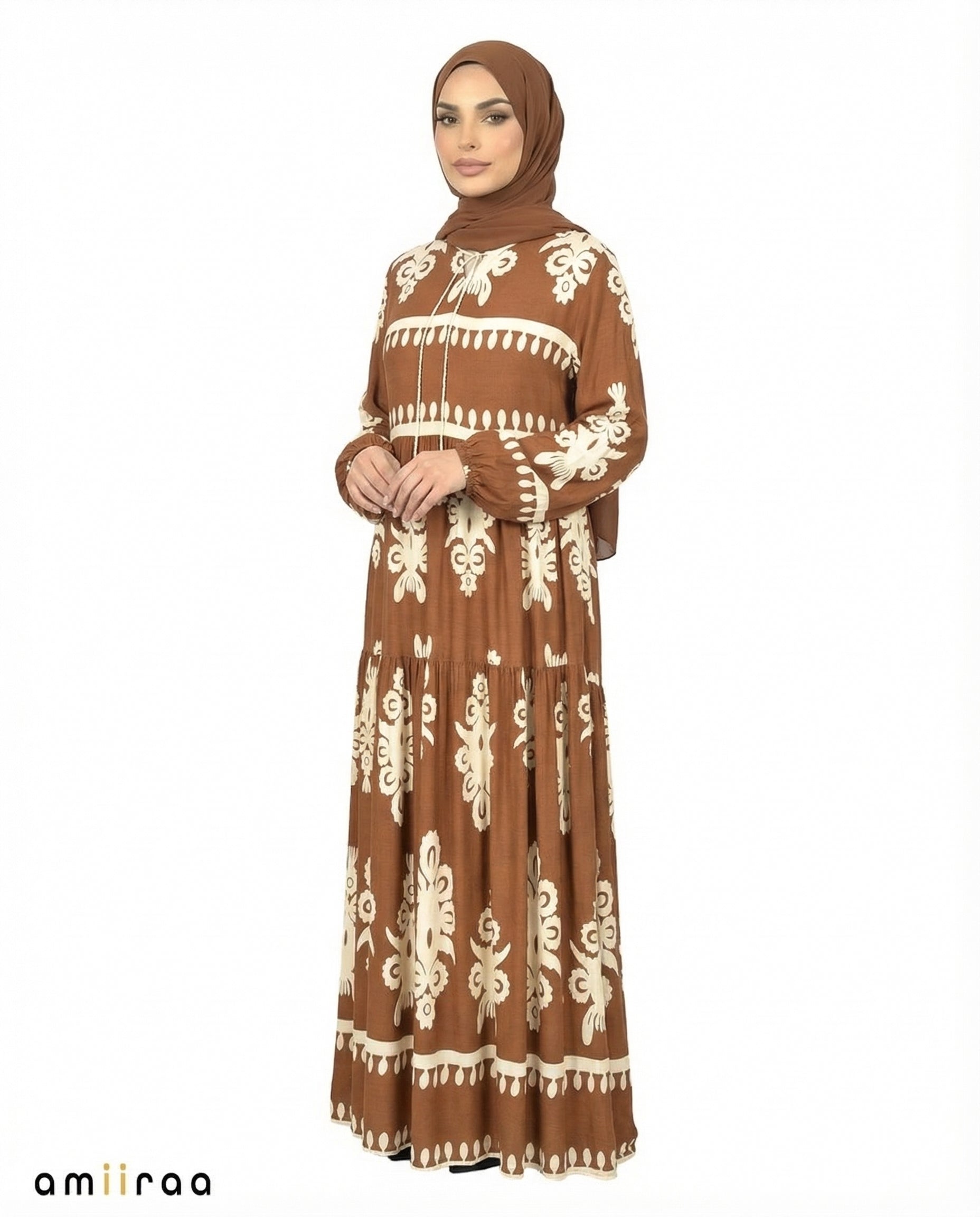 Chai Tea Detail Long Sleeve Modest Maxi Dress