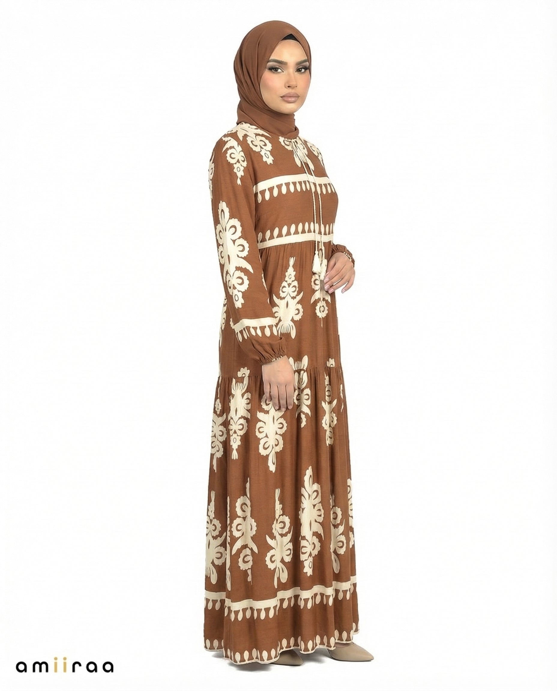 Chai Tea Detail Long Sleeve Modest Maxi Dress