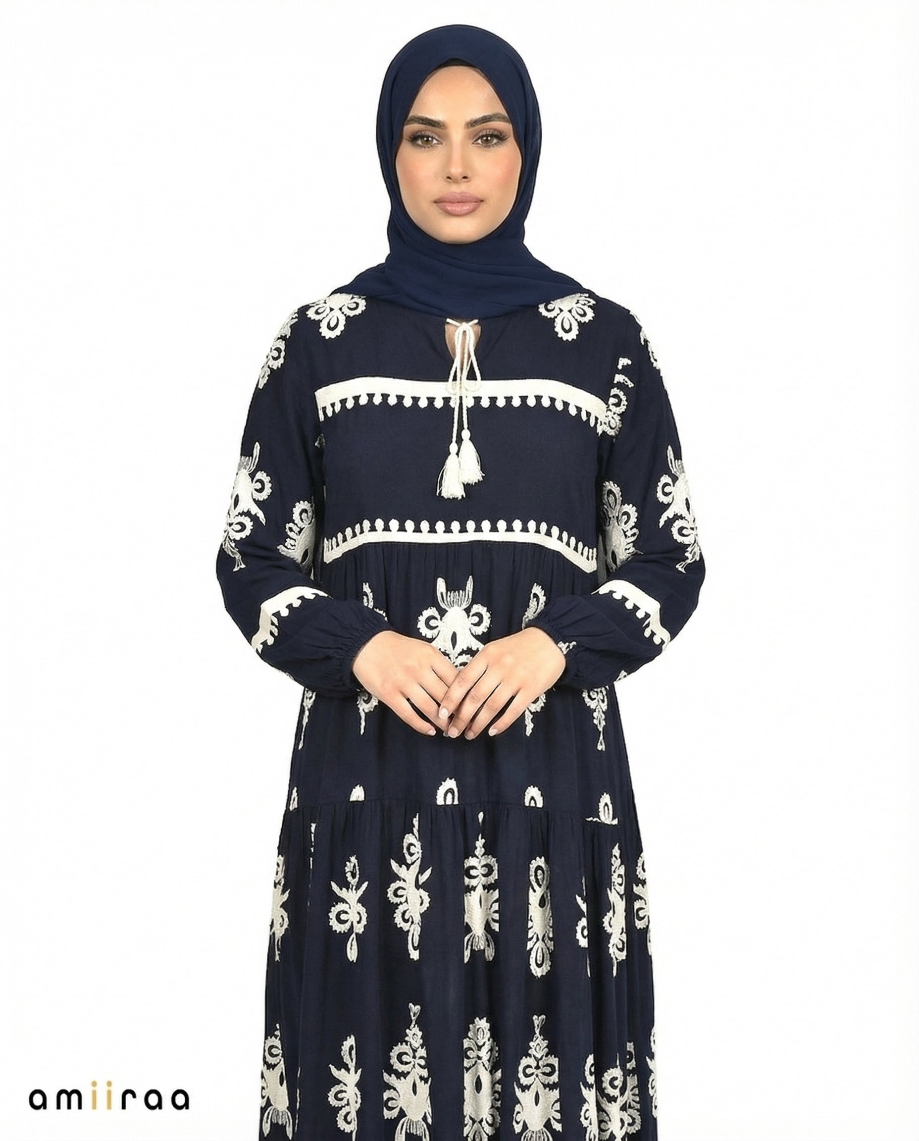 Navy Blazer Detail Long Sleeve Modest Maxi Dress