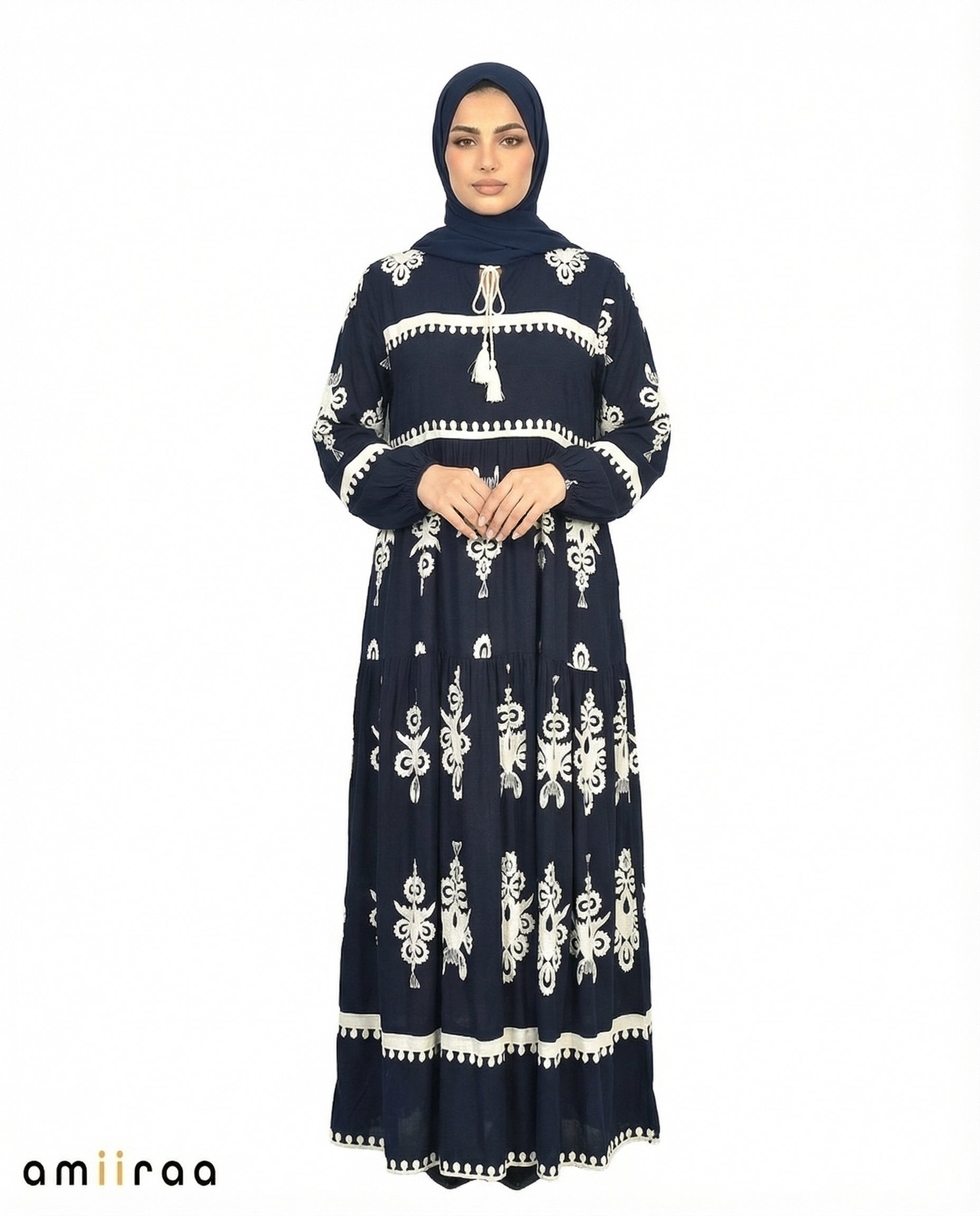 Navy Blazer Detail Long Sleeve Modest Maxi Dress