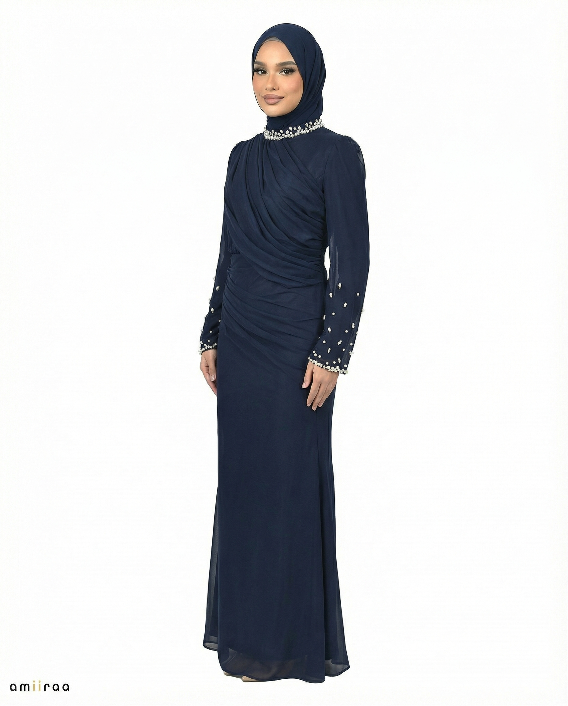 Black Iris Draped Chiffon Maxi Dress with Beaded Embellished Neckline & Cuffs