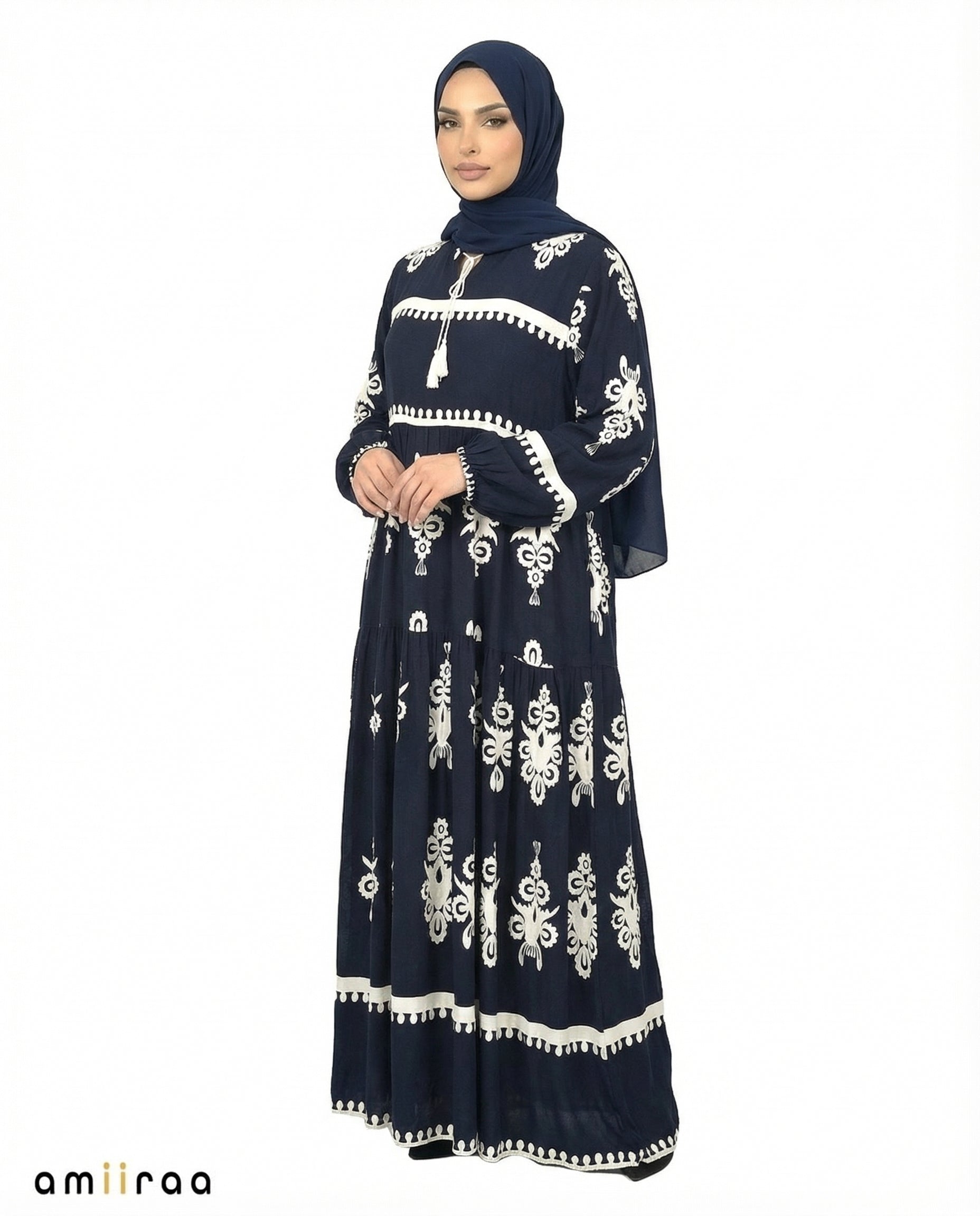 Navy Blazer Detail Long Sleeve Modest Maxi Dress