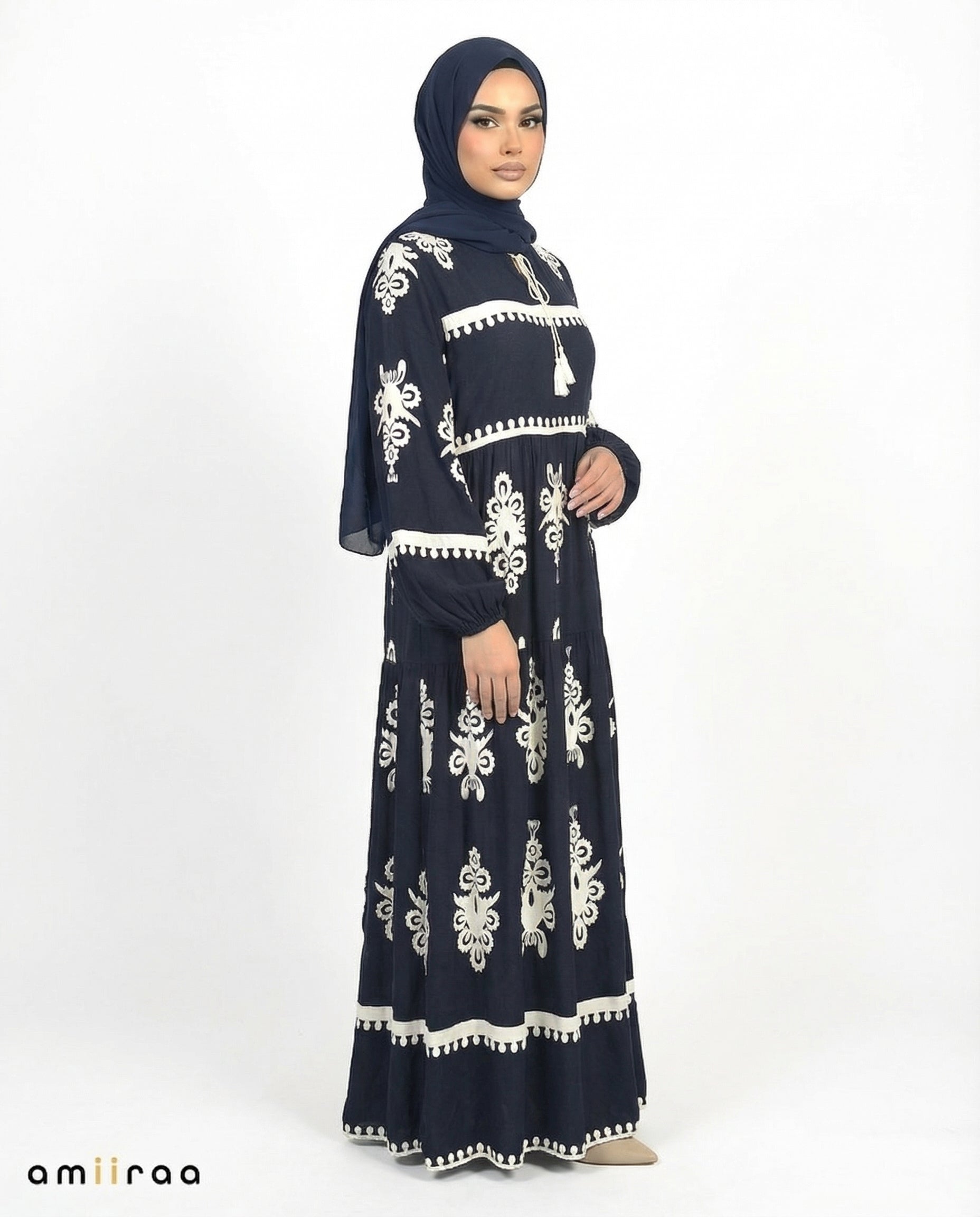 Navy Blazer Detail Long Sleeve Modest Maxi Dress