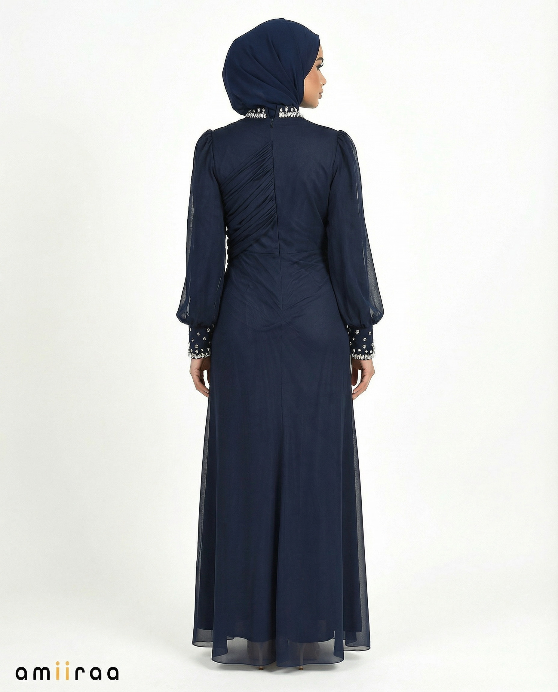 Black Iris Draped Chiffon Maxi Dress with Beaded Embellished Neckline & Cuffs