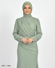 Laurel Wreath Draped Chiffon Maxi Dress with Beaded Embellished Neckline & Cuffs