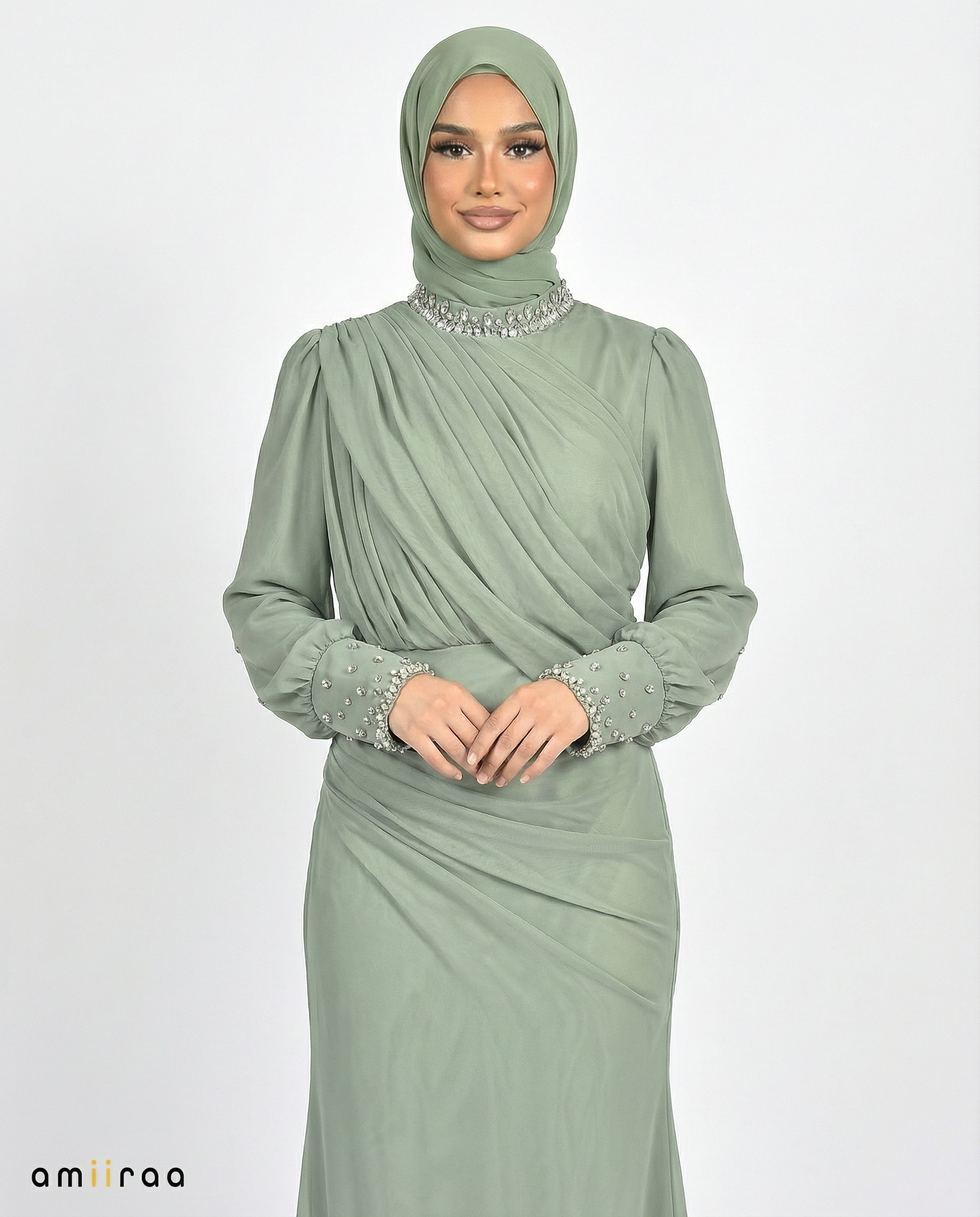 Laurel Wreath Draped Chiffon Maxi Dress with Beaded Embellished Neckline & Cuffs