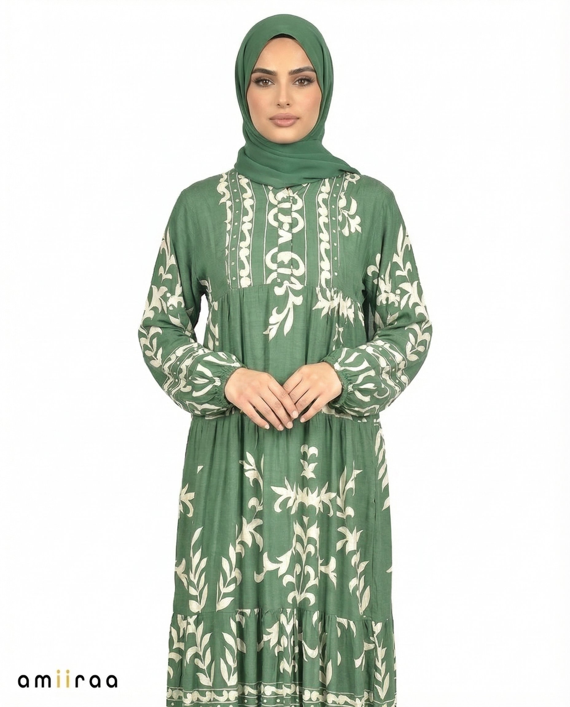 Frosty Spruce Detail Long Sleeve Modest Maxi Dress