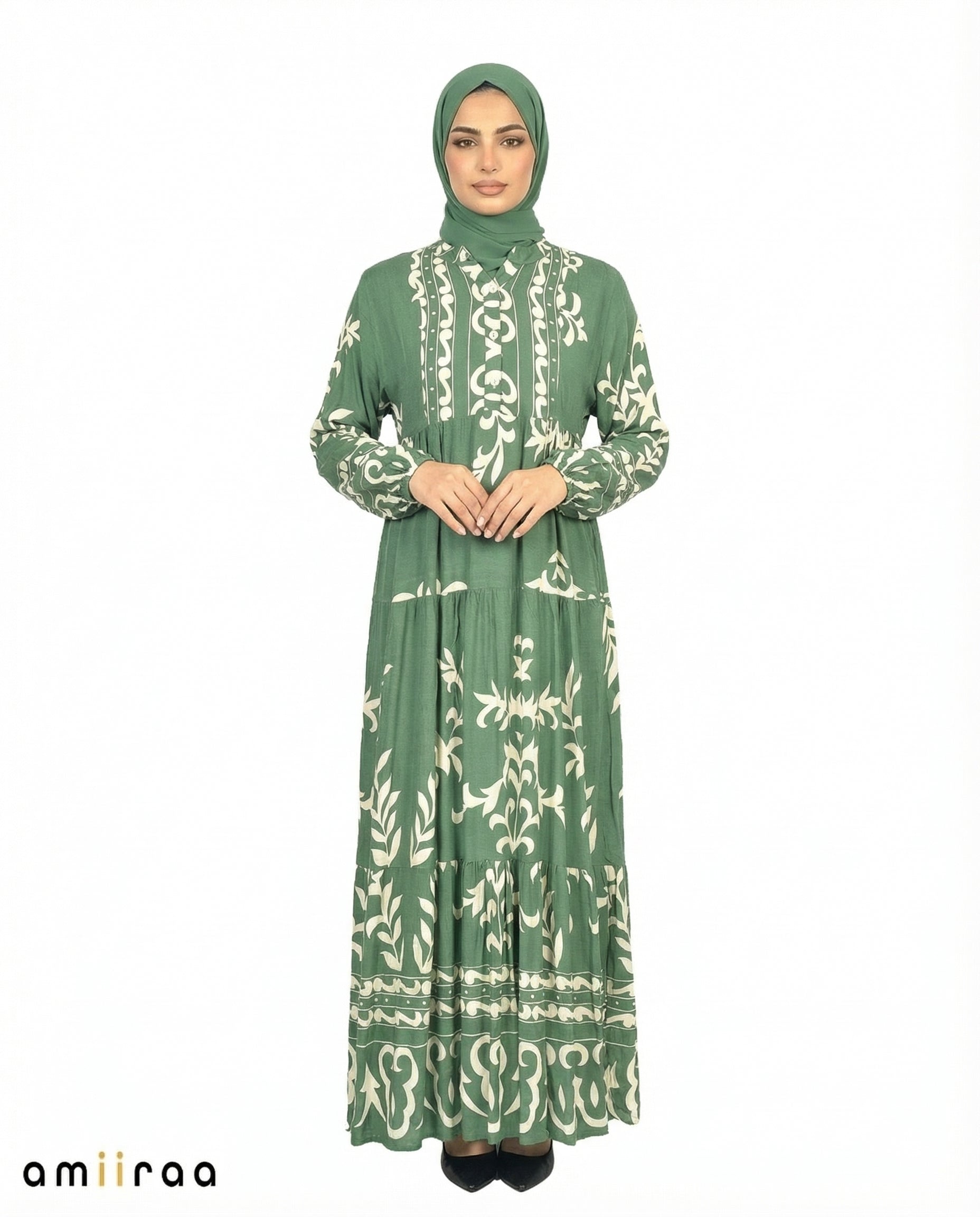 Frosty Spruce Detail Long Sleeve Modest Maxi Dress
