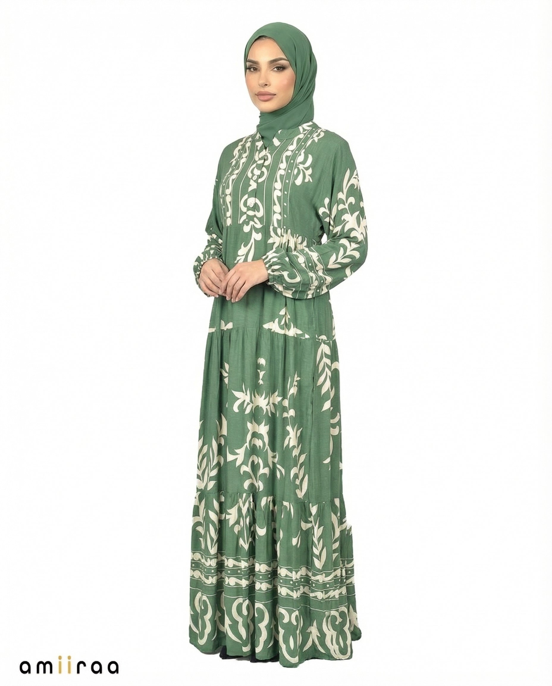 Frosty Spruce Detail Long Sleeve Modest Maxi Dress