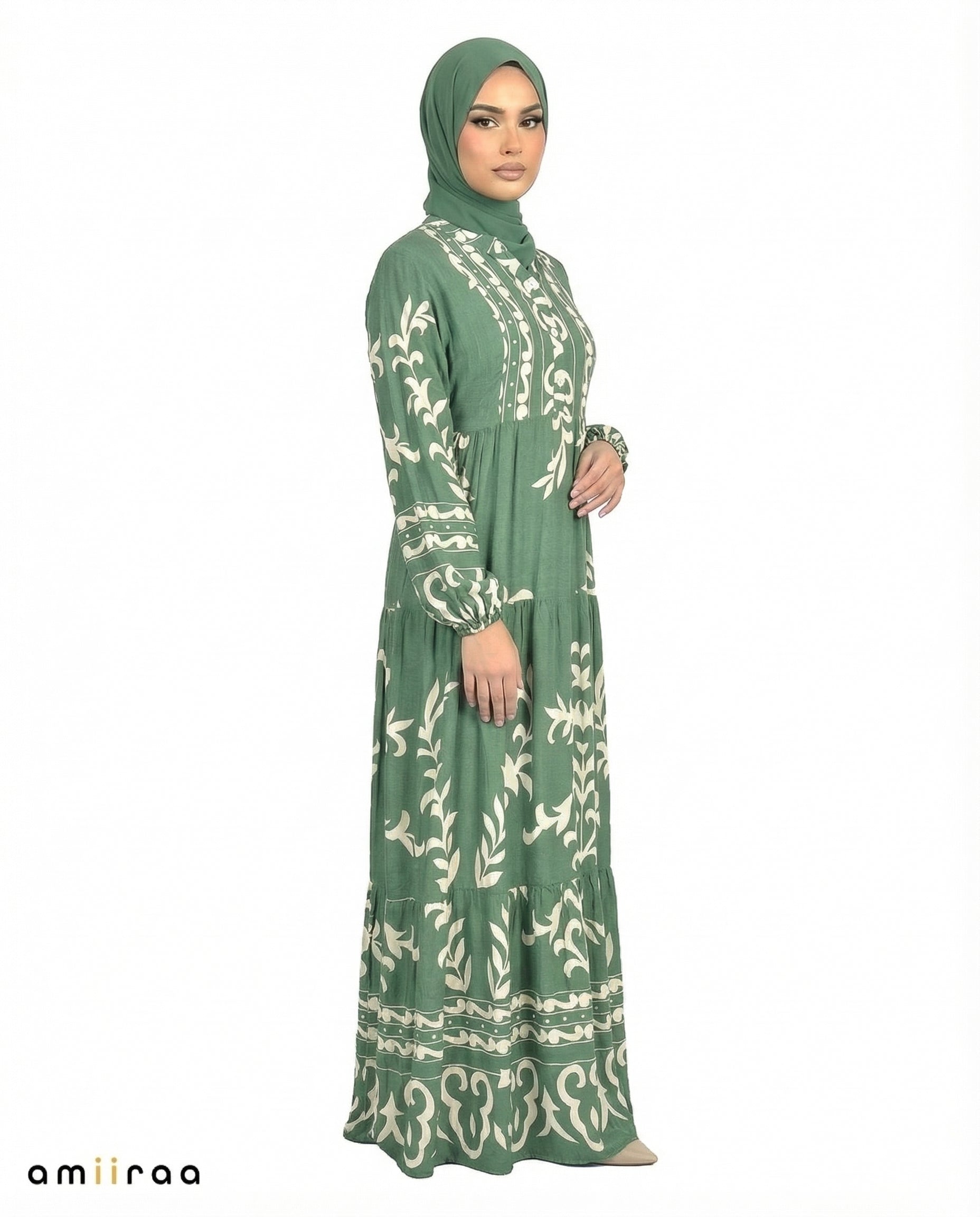 Frosty Spruce Detail Long Sleeve Modest Maxi Dress