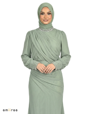 Laurel Wreath Draped Chiffon Maxi Dress with Beaded Embellished Neckline & Cuffs