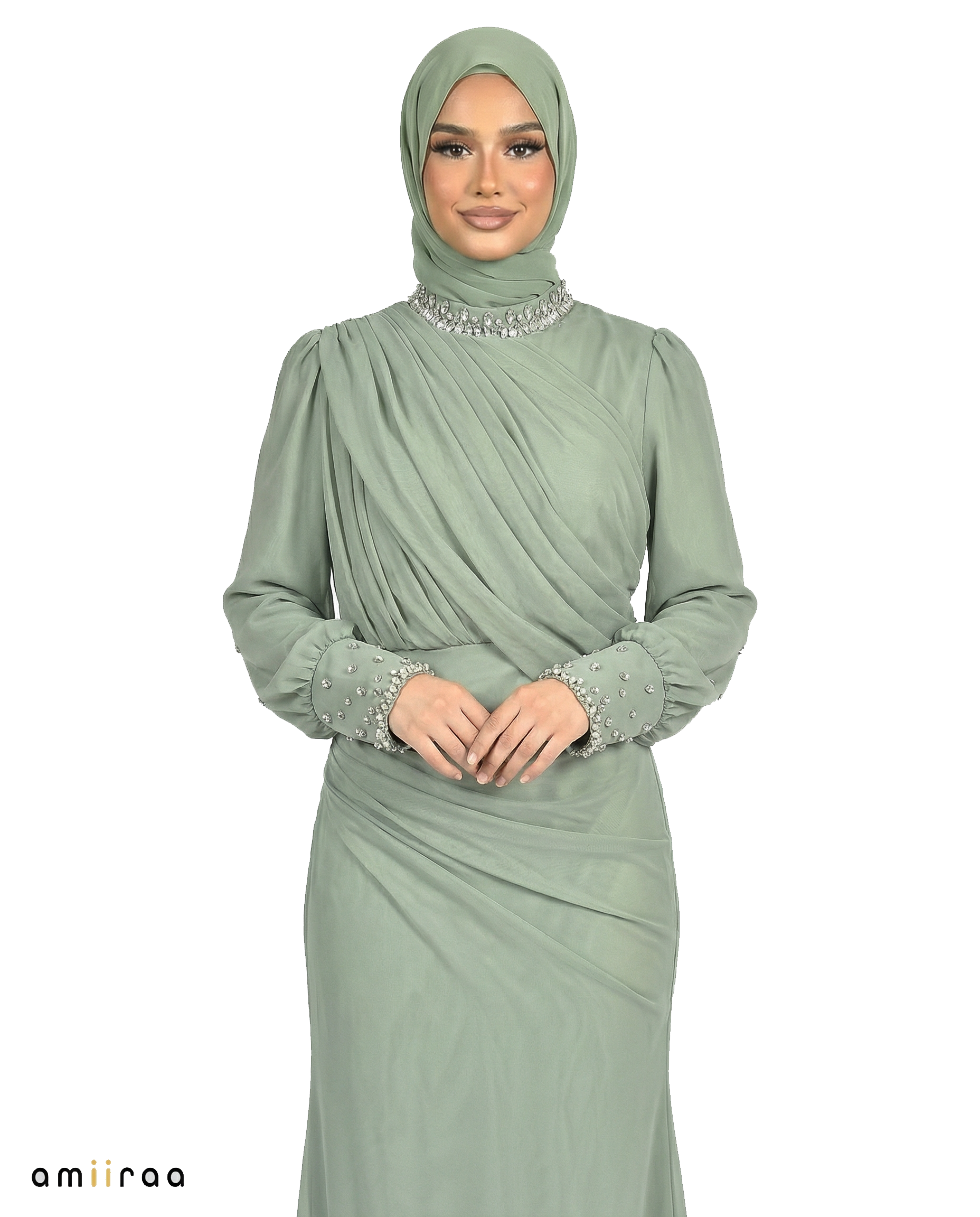 Laurel Wreath Draped Chiffon Maxi Dress with Beaded Embellished Neckline & Cuffs