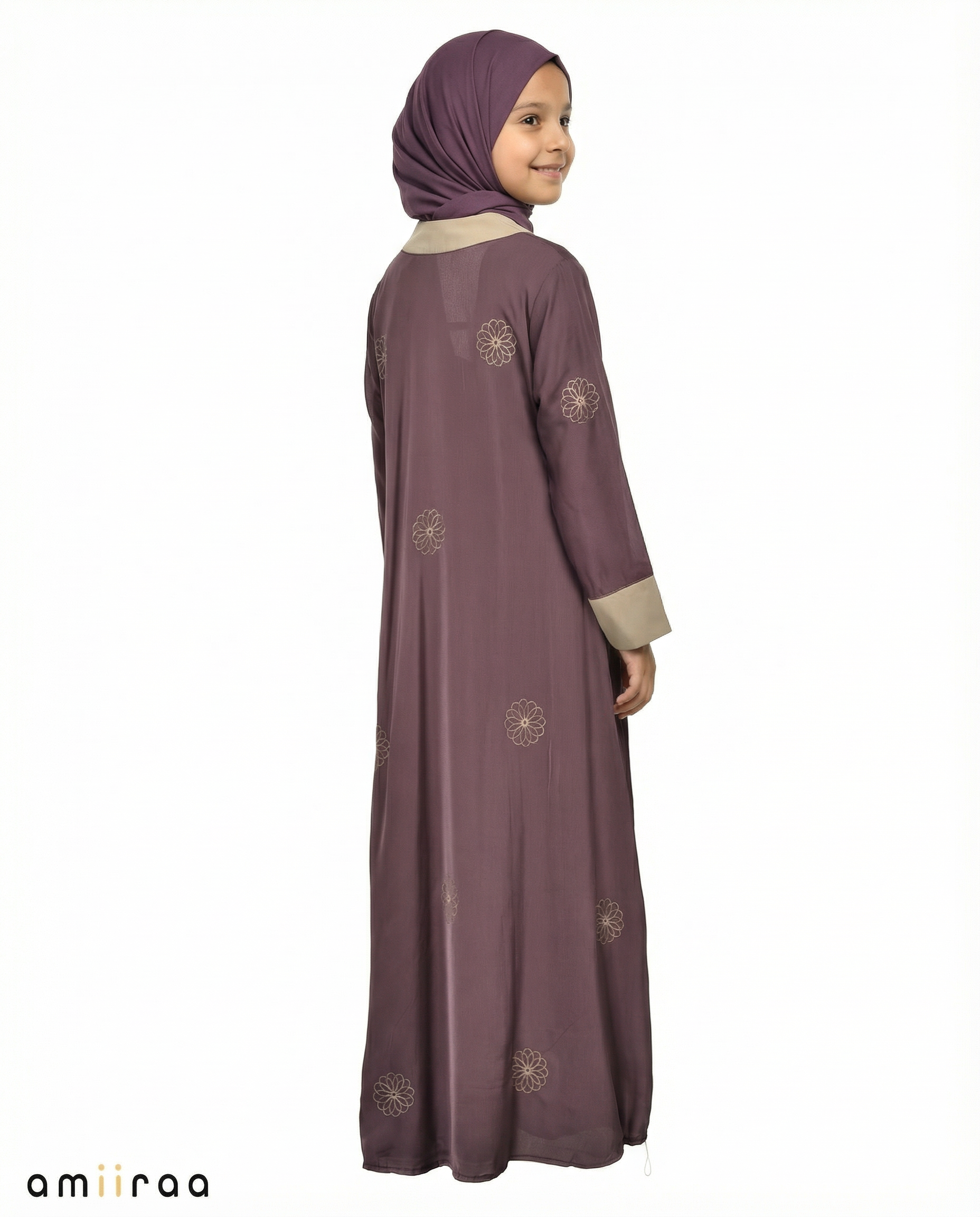 Coriander Girls Floral Embroidered Open Abaya with Inner Dress