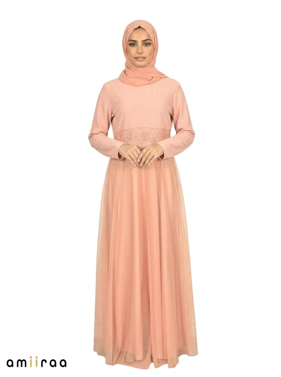 Pale Khaki Premium Modest Maxi Dress with Embroidered Waist Detail