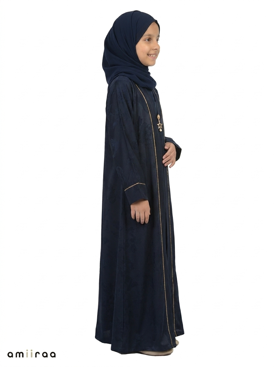 Black Iris Girls Saudi Abaya with Subtle Floral Detailing