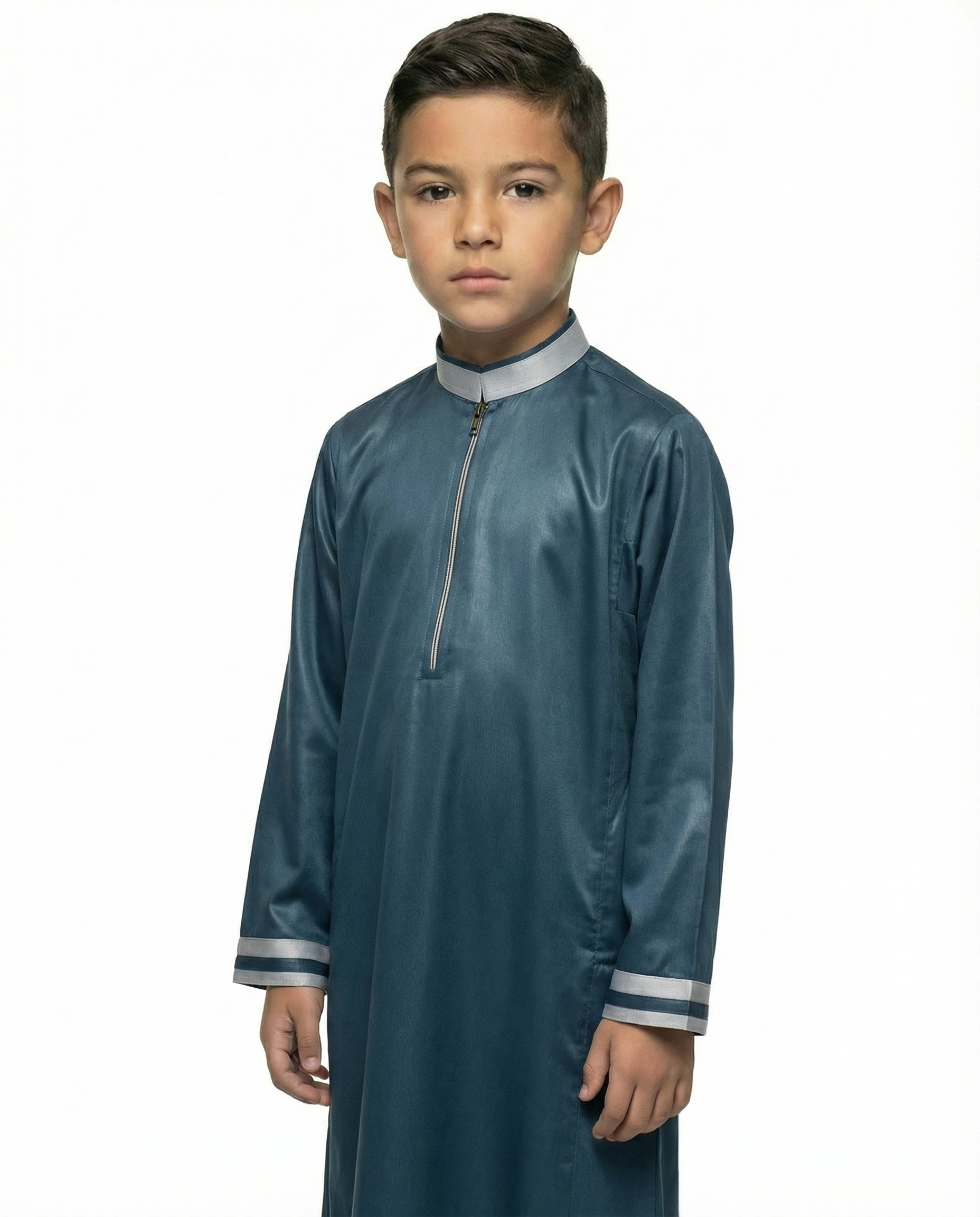 Ensign Blue Emirati Zip Collar Thobe with Contrast Cuff Trim