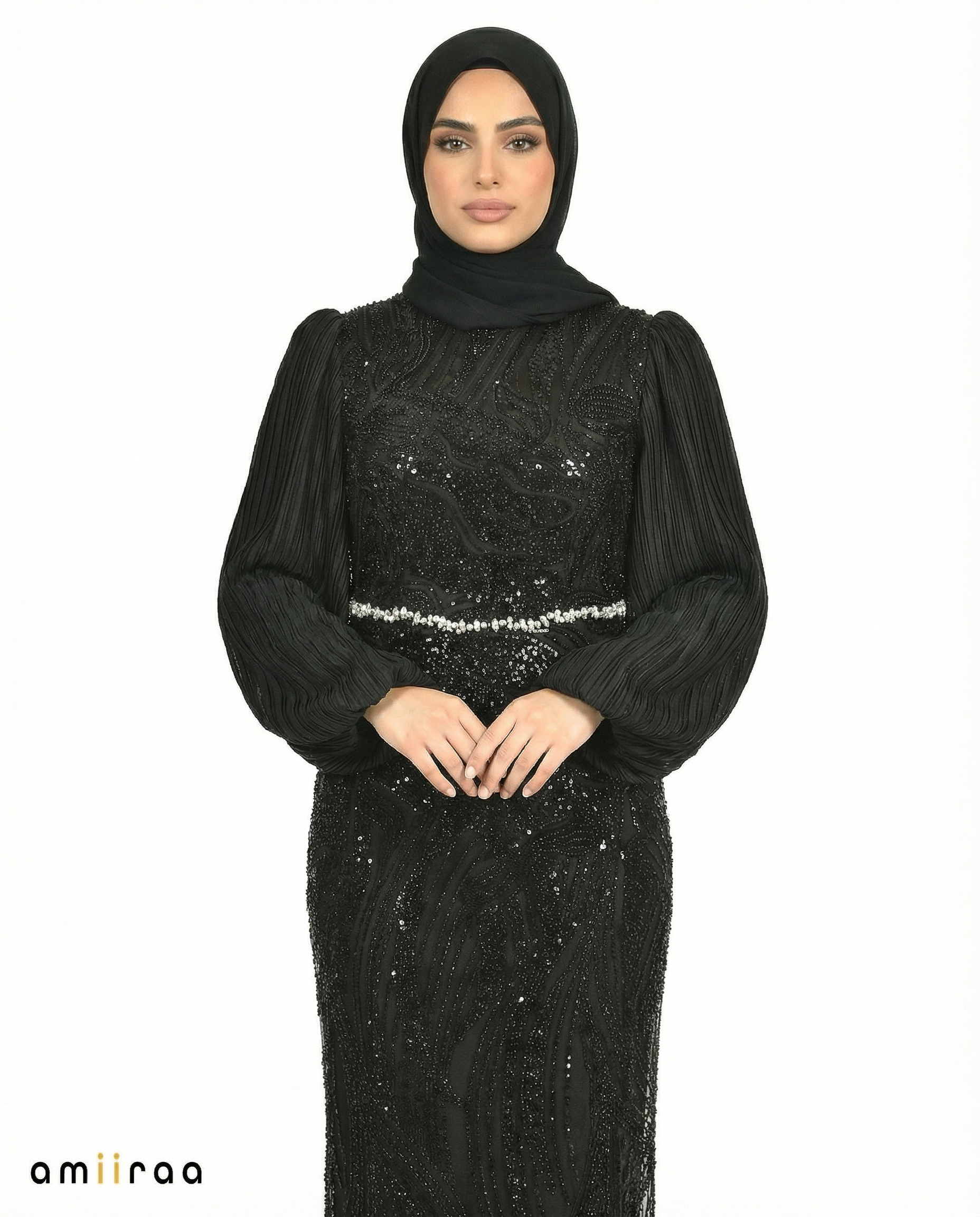 Tap Shoe Embellished Pleated Sleeve Evening Maxi Dress