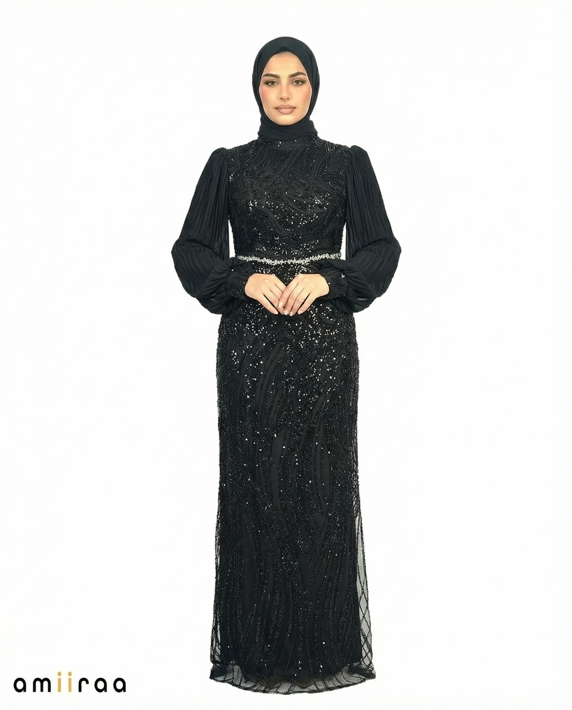 Tap Shoe Embellished Pleated Sleeve Evening Maxi Dress