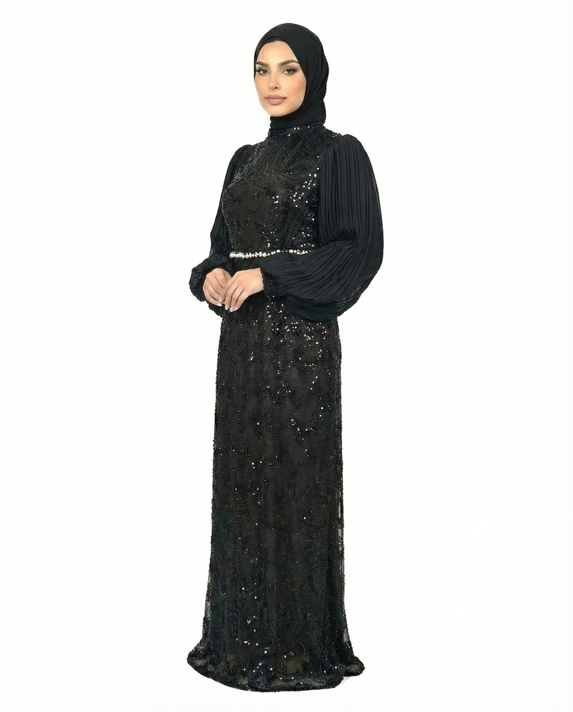 Tap Shoe Embellished Pleated Sleeve Evening Maxi Dress