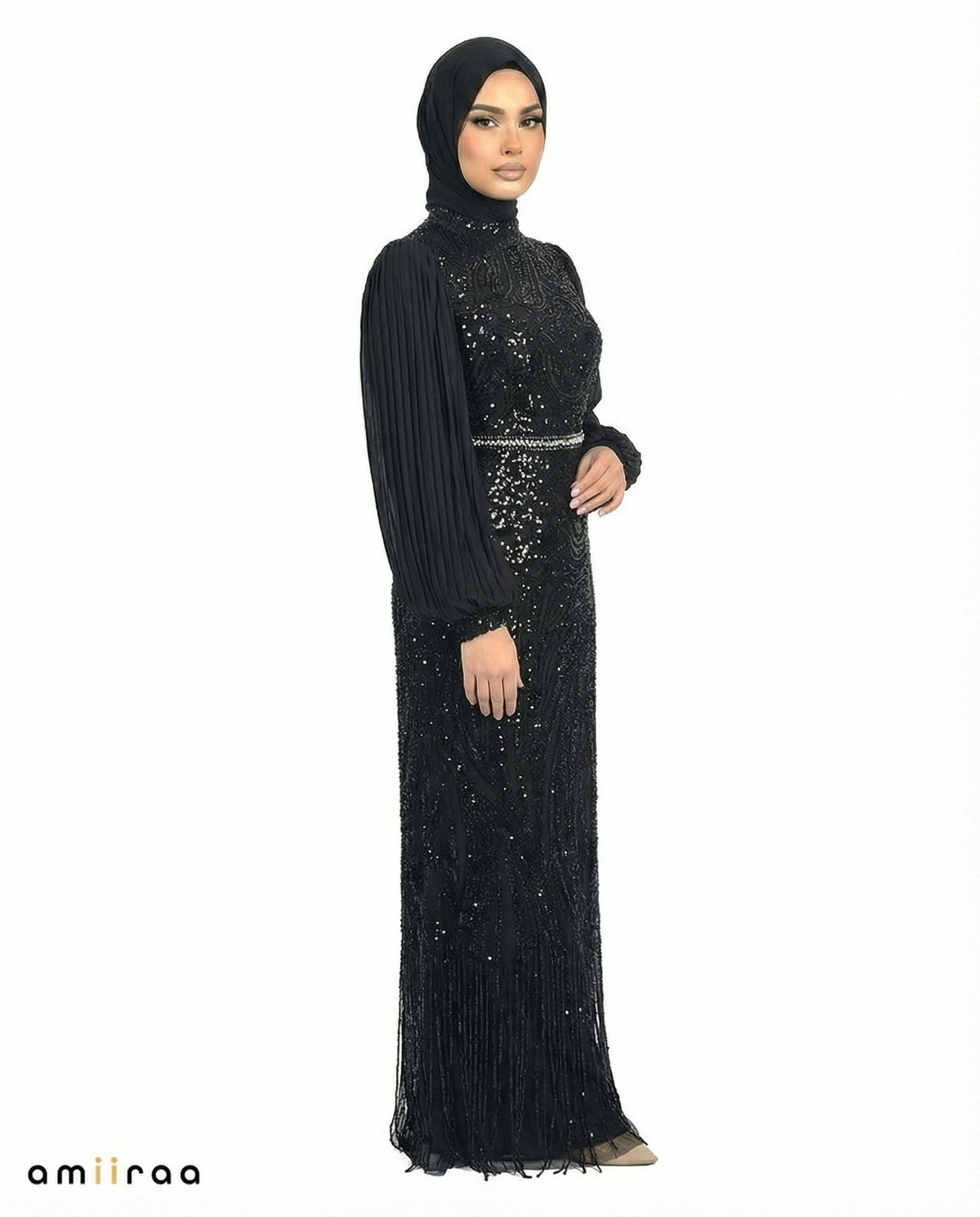 Tap Shoe Embellished Pleated Sleeve Evening Maxi Dress