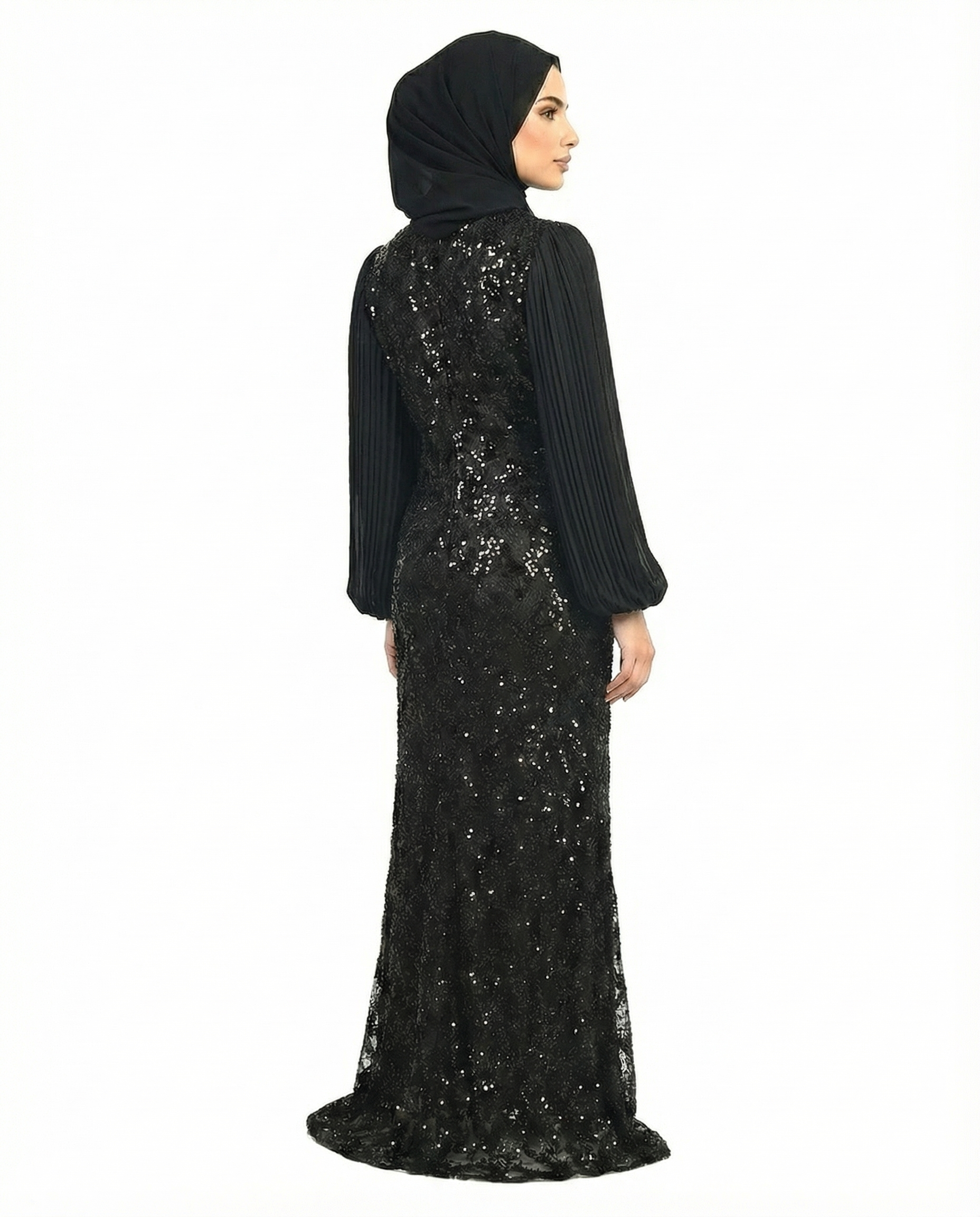 Tap Shoe Embellished Pleated Sleeve Evening Maxi Dress