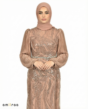 Rose Brown Embellished Pleated Sleeve Evening Maxi Dress