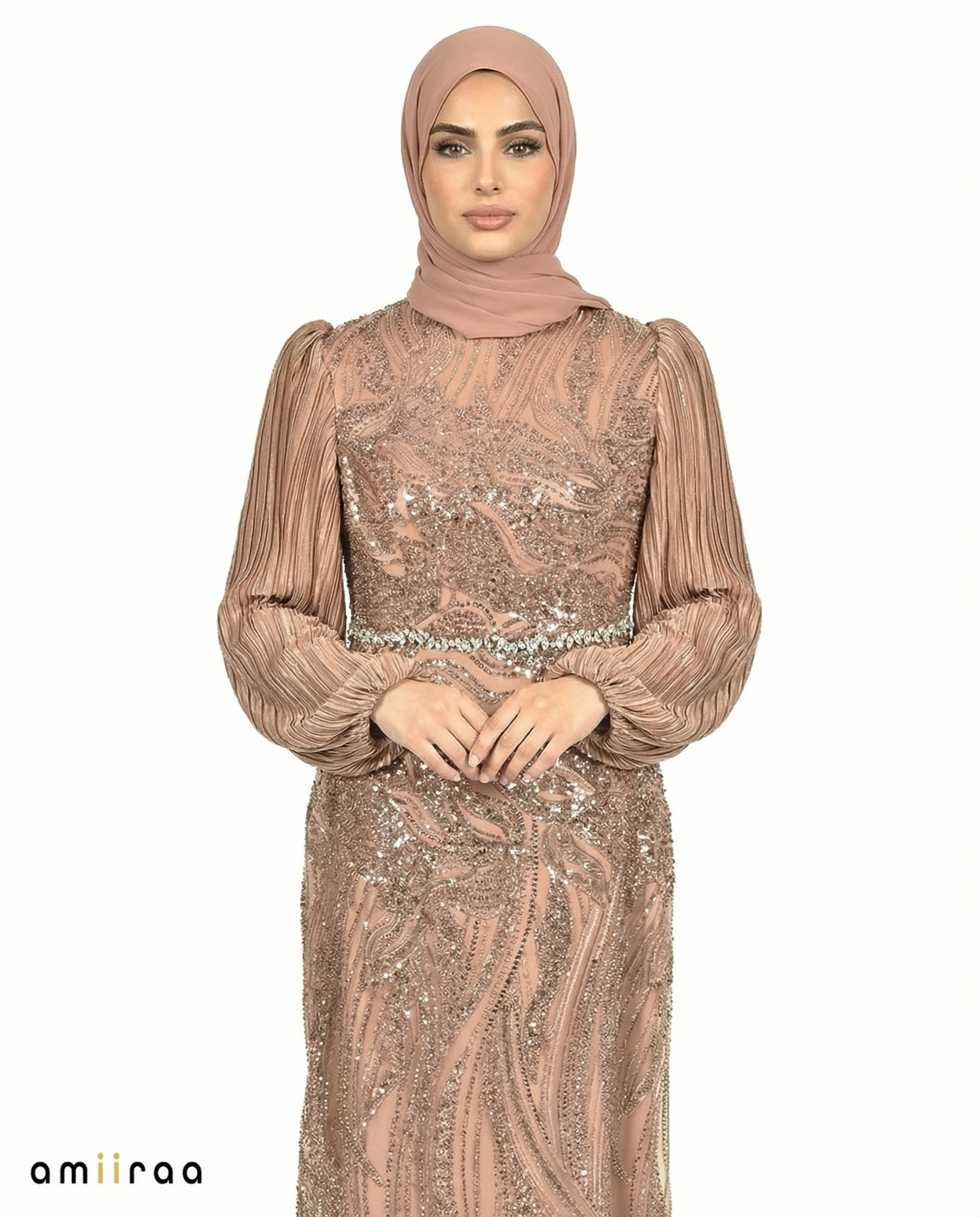 Rose Brown Embellished Pleated Sleeve Evening Maxi Dress