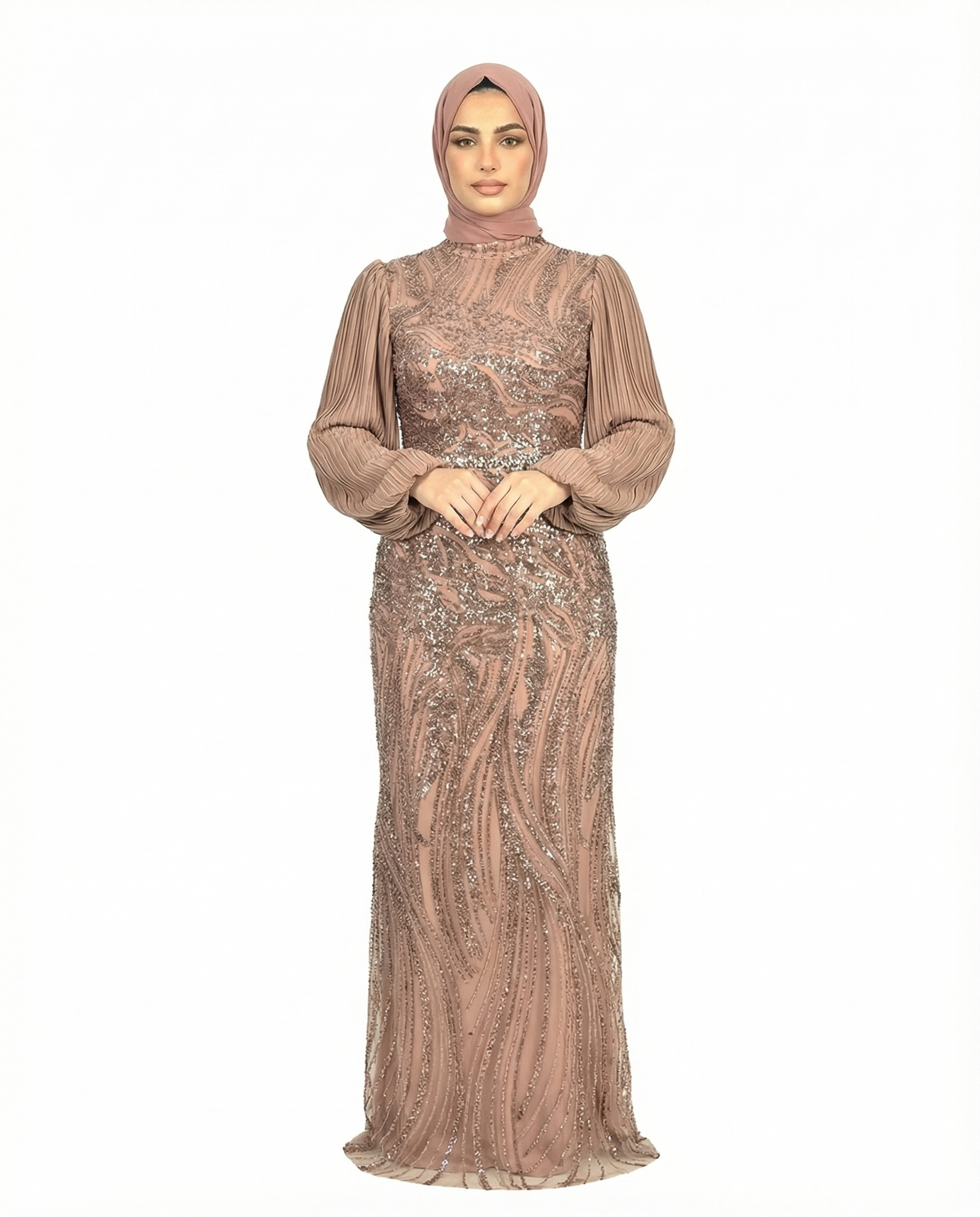 Rose Brown Embellished Pleated Sleeve Evening Maxi Dress