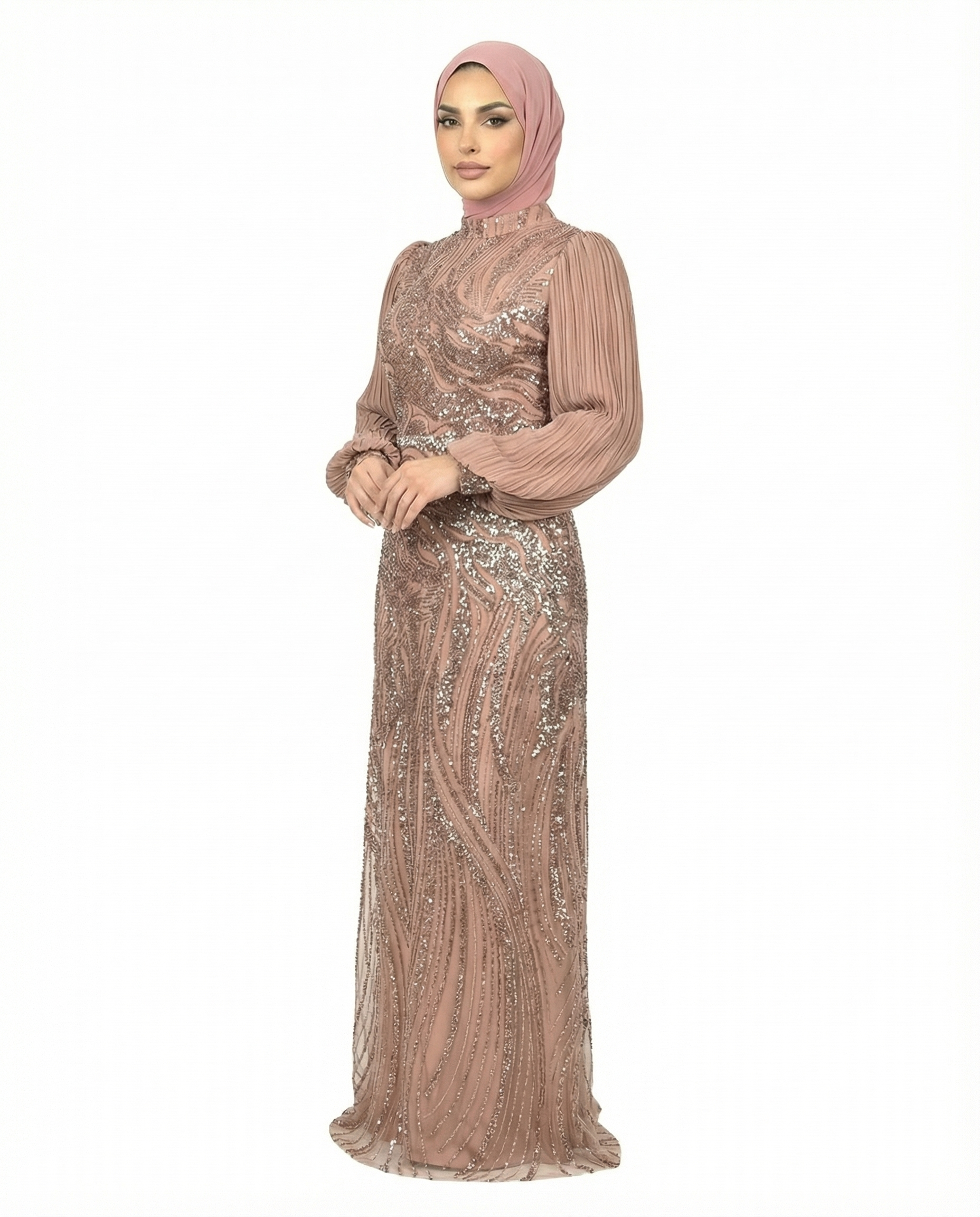 Rose Brown Embellished Pleated Sleeve Evening Maxi Dress
