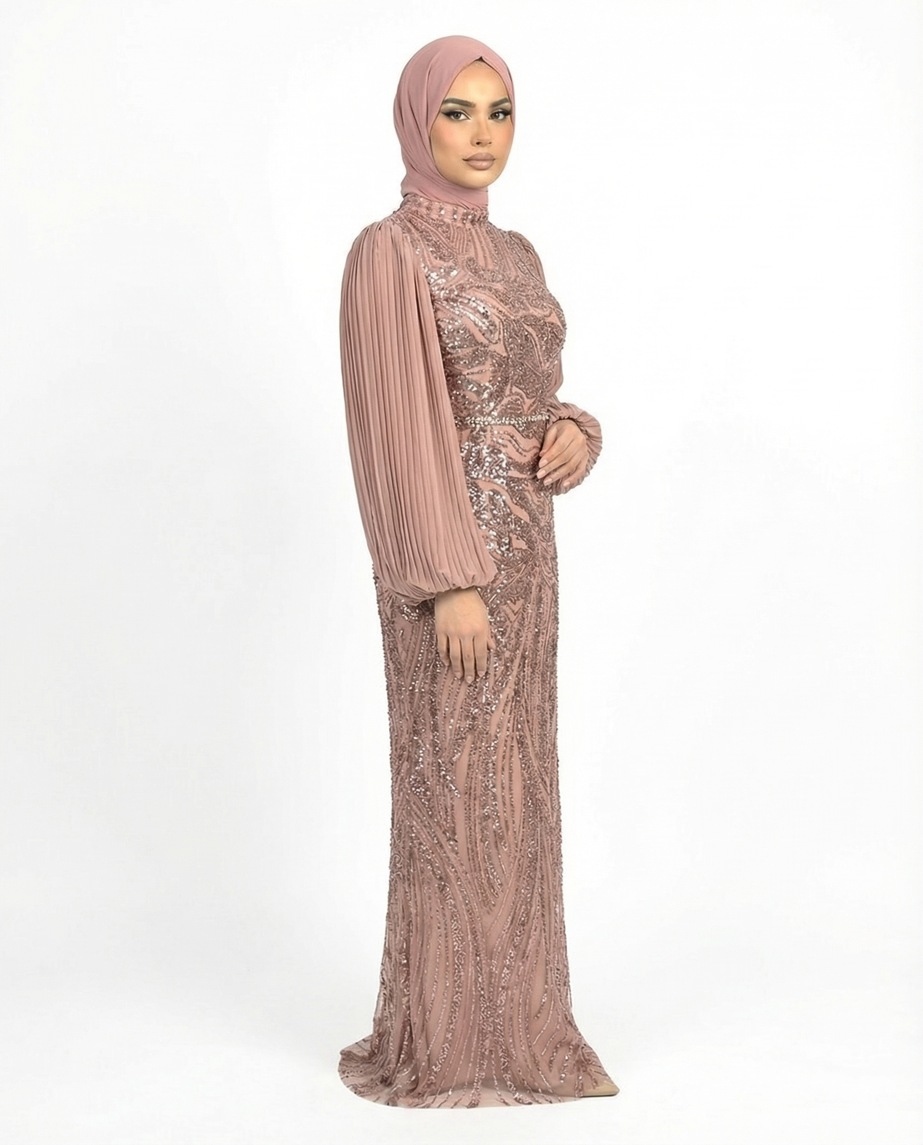 Rose Brown Embellished Pleated Sleeve Evening Maxi Dress