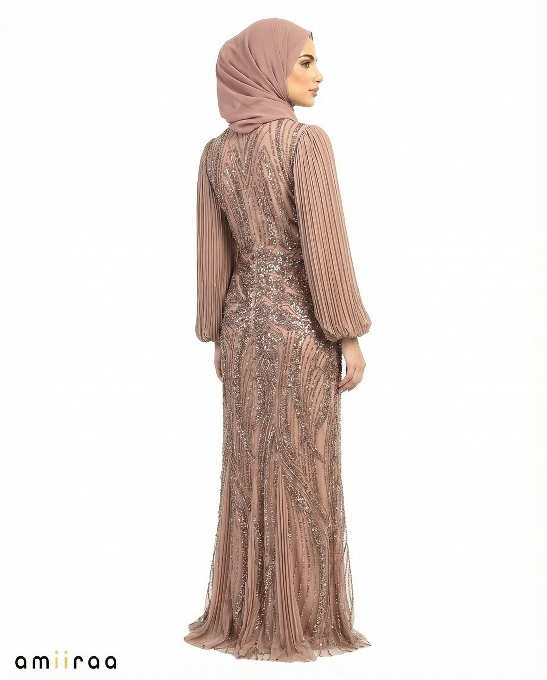 Rose Brown Embellished Pleated Sleeve Evening Maxi Dress